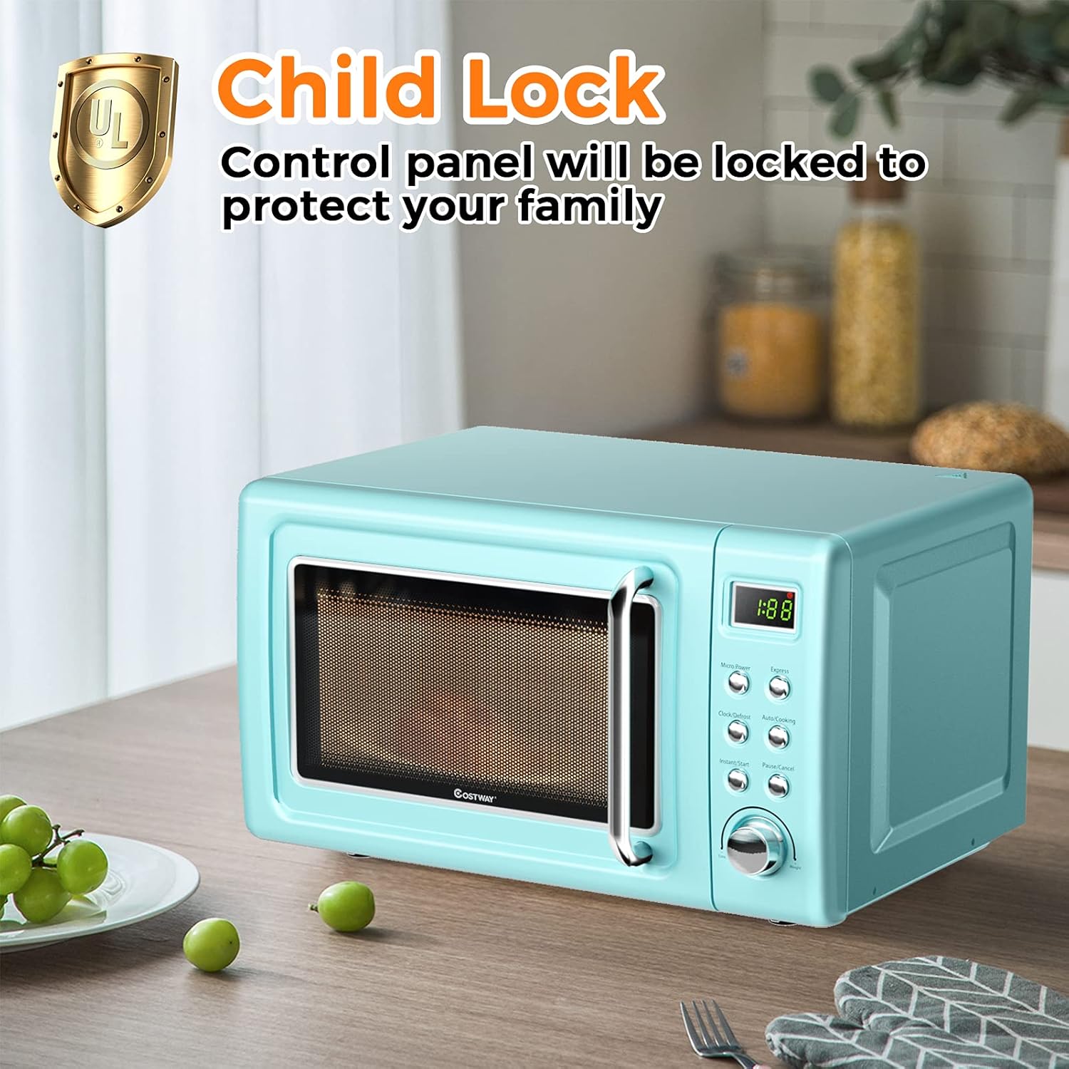 MAT EXPERT Horno microondas compacto de 0.7 pies cúbicos, temporizador digital y bloqueo para niños, microondas pequeño con plato giratorio de