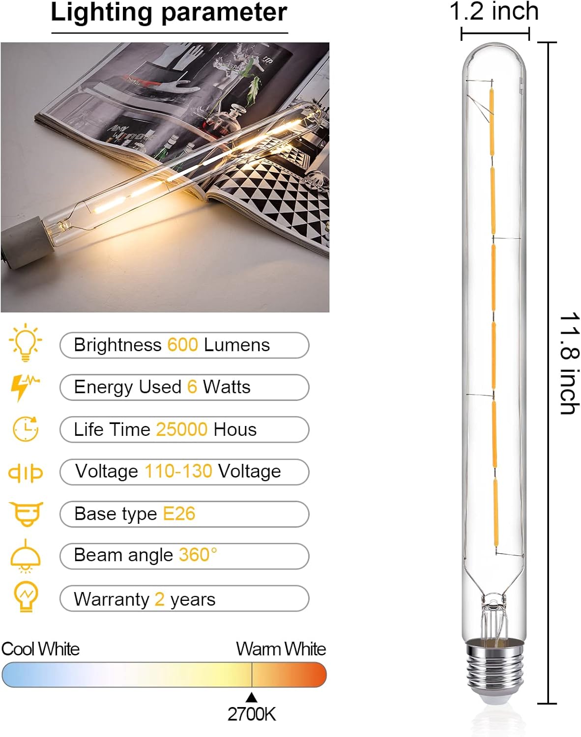 Bombillas LED regulables T30 antiguas, bombilla tubular Edison blanca cálida, bombilla de tubo largo, estilo E26, bombilla de filamento LED vintage,