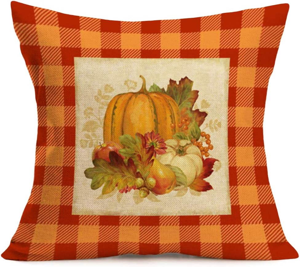 Fukeen Juego de 4 fundas de almohada retro a cuadros de búfalo naranja a cuadros de calabaza, decoración de cosecha de otoño, hojas de arce,