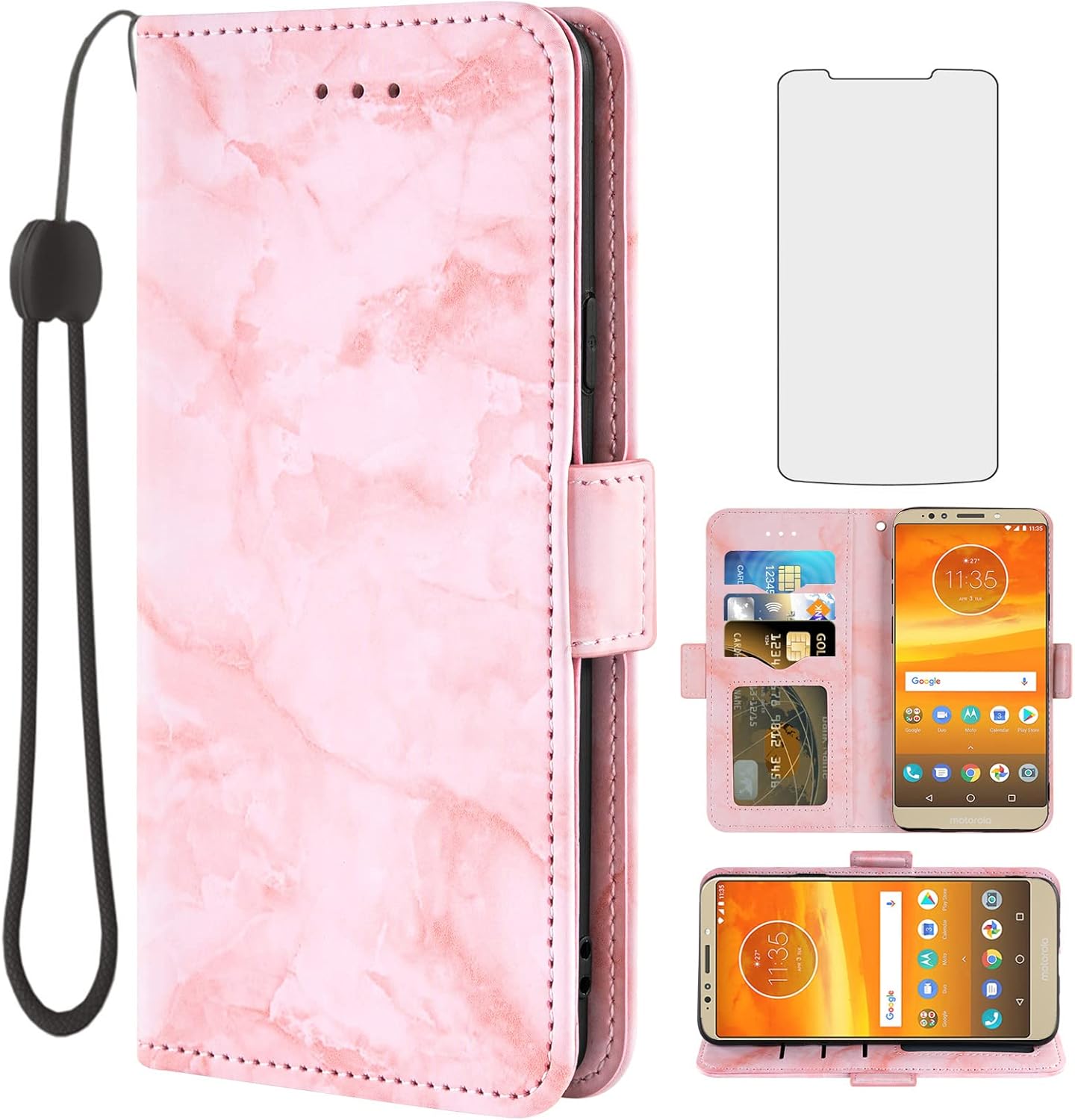 Asuwish Funda compatible con Moto E5 Plus E 5 Supra y protector de pantalla de vidrio templado, soporte para tarjeta celular, soporte para tarjeta,