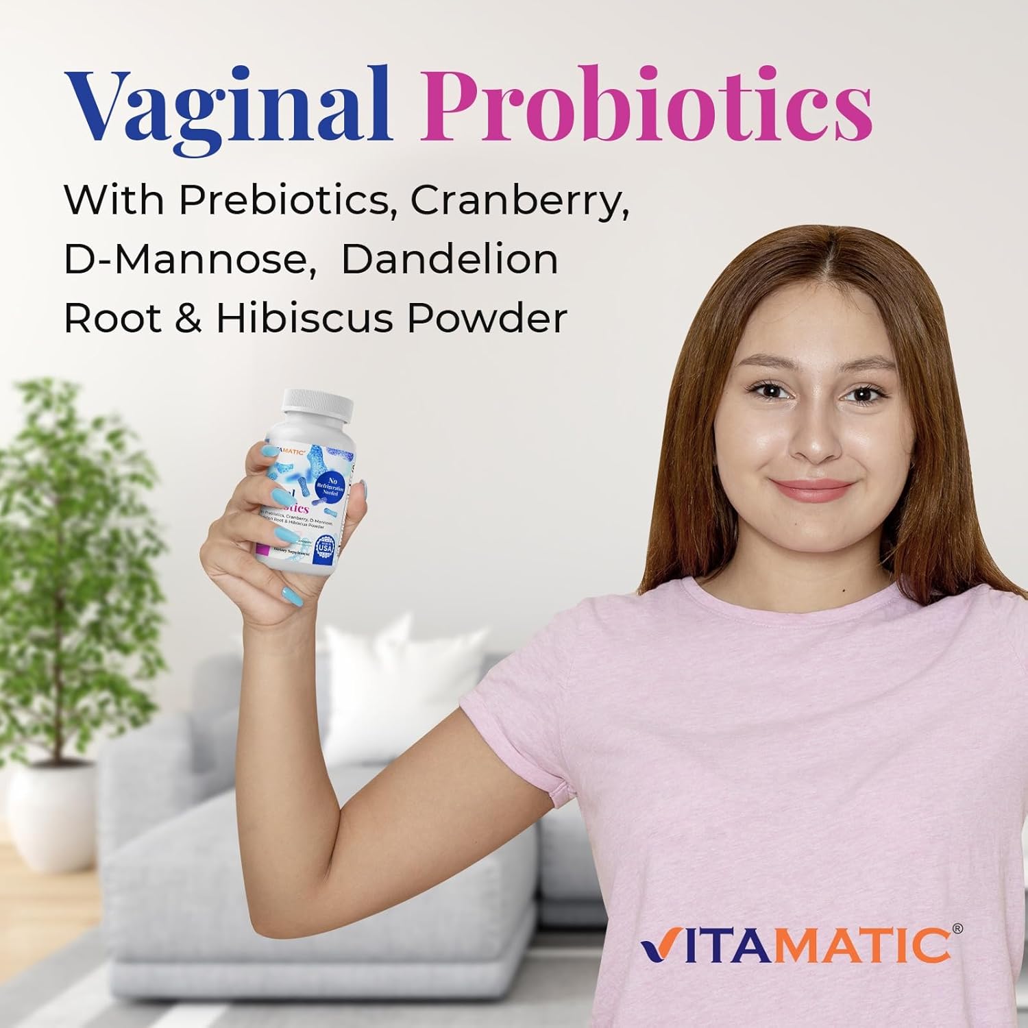 Vitamatic Probióticos vaginales 20 mil millones para mujeres, equilibrio de pH y control de olores con prebióticos y probióticos, 60 cápsulas DR,