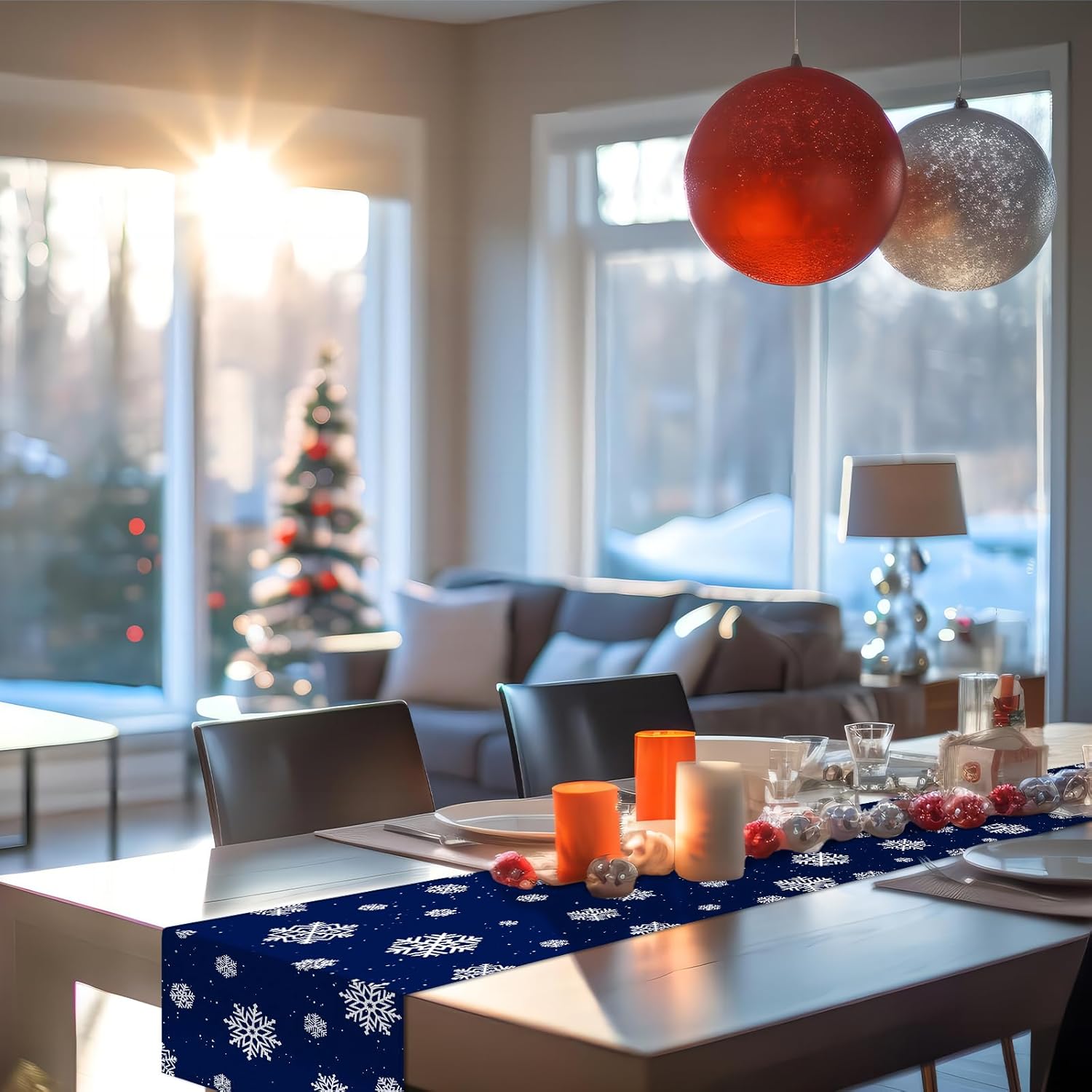 Camino de mesa navideño de copo de nieve de 72 x 13 pulgadas, decoración de mesa de arpillera de lino azul con patrón de nevadas blancas, decoración