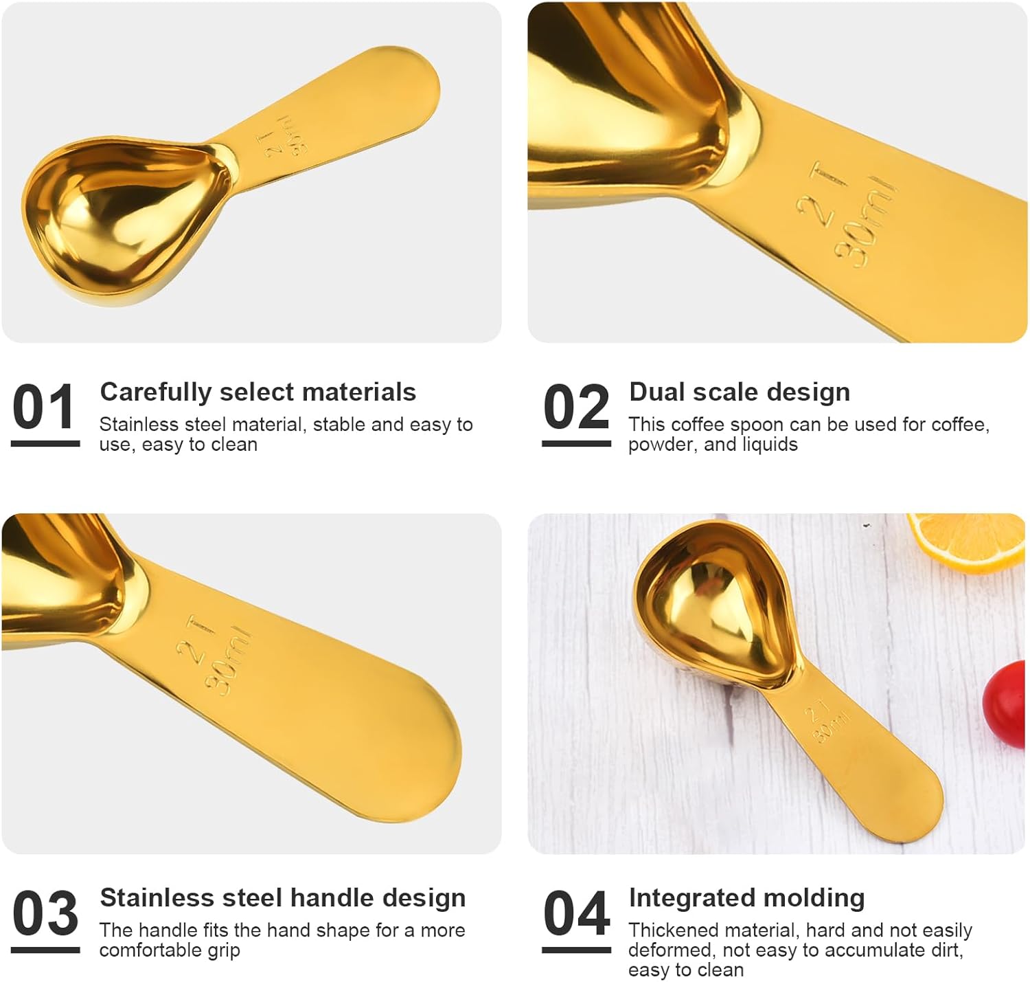 Paquete de 2 cucharas de café, cucharadas de café de acero inoxidable, cucharas medidoras para té, azúcar, café molido, grano entero (oro, 1.06 fl