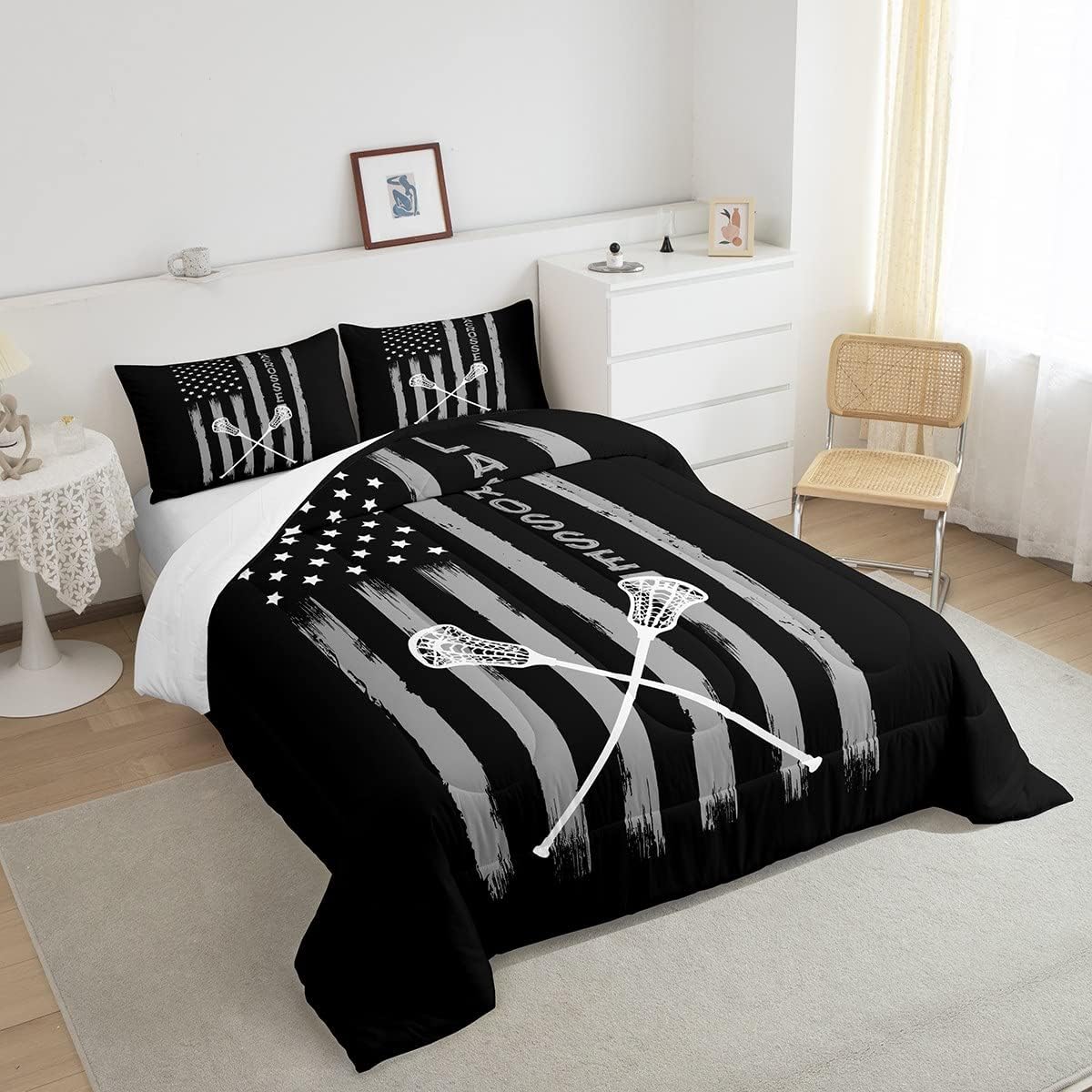 Lacrosse – Juego de edredón para niños y niñas, juego de ropa de cama de palo de lacrosse gris y blanco, relleno de edredón de rayas americanas,