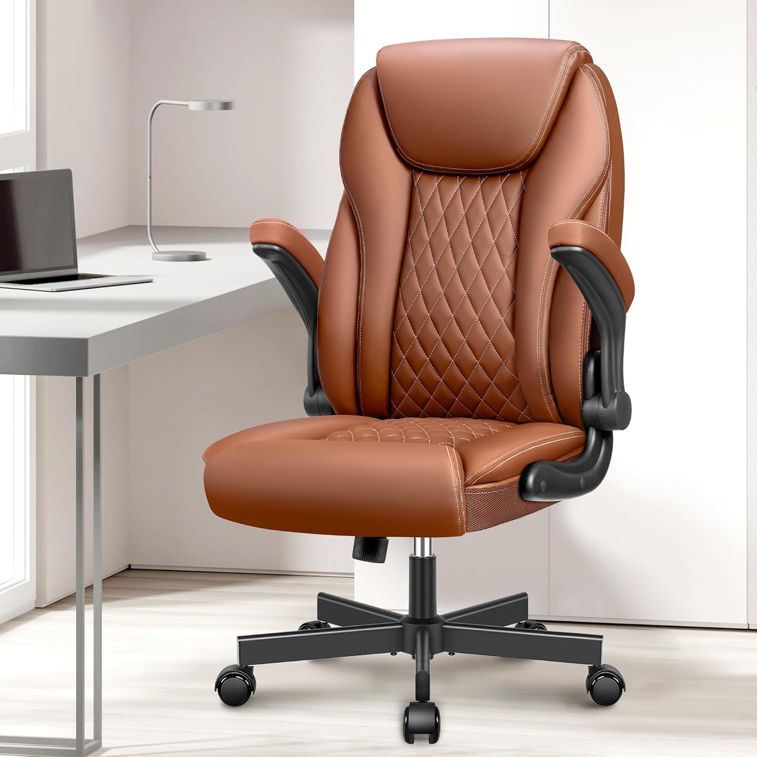 BestEra Silla de oficina ejecutiva ergonómica de cuero, silla ancha de oficina en casa con brazo abatible ajustable, silla de escritorio para
