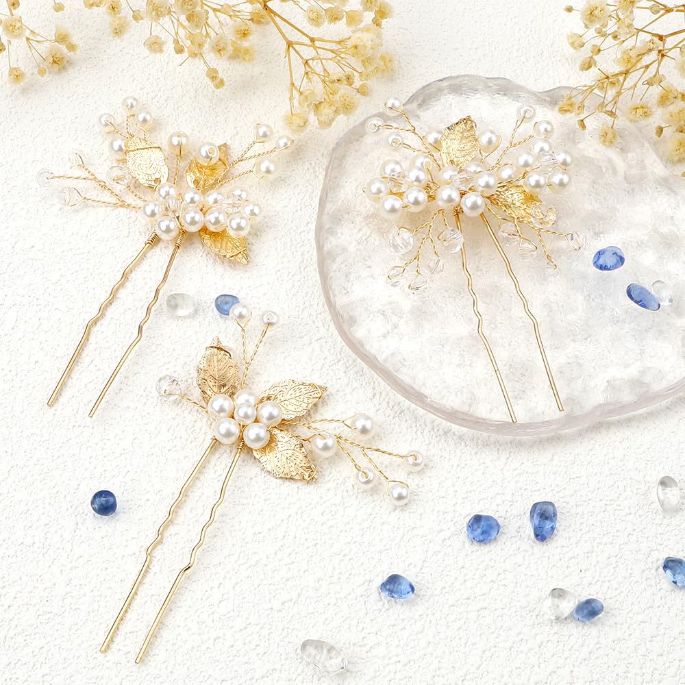 Pinzas para el pelo de boda con hojas doradas, horquillas de novia para baile de graduación, 3 piezas de perlas de cristal, accesorios para el
