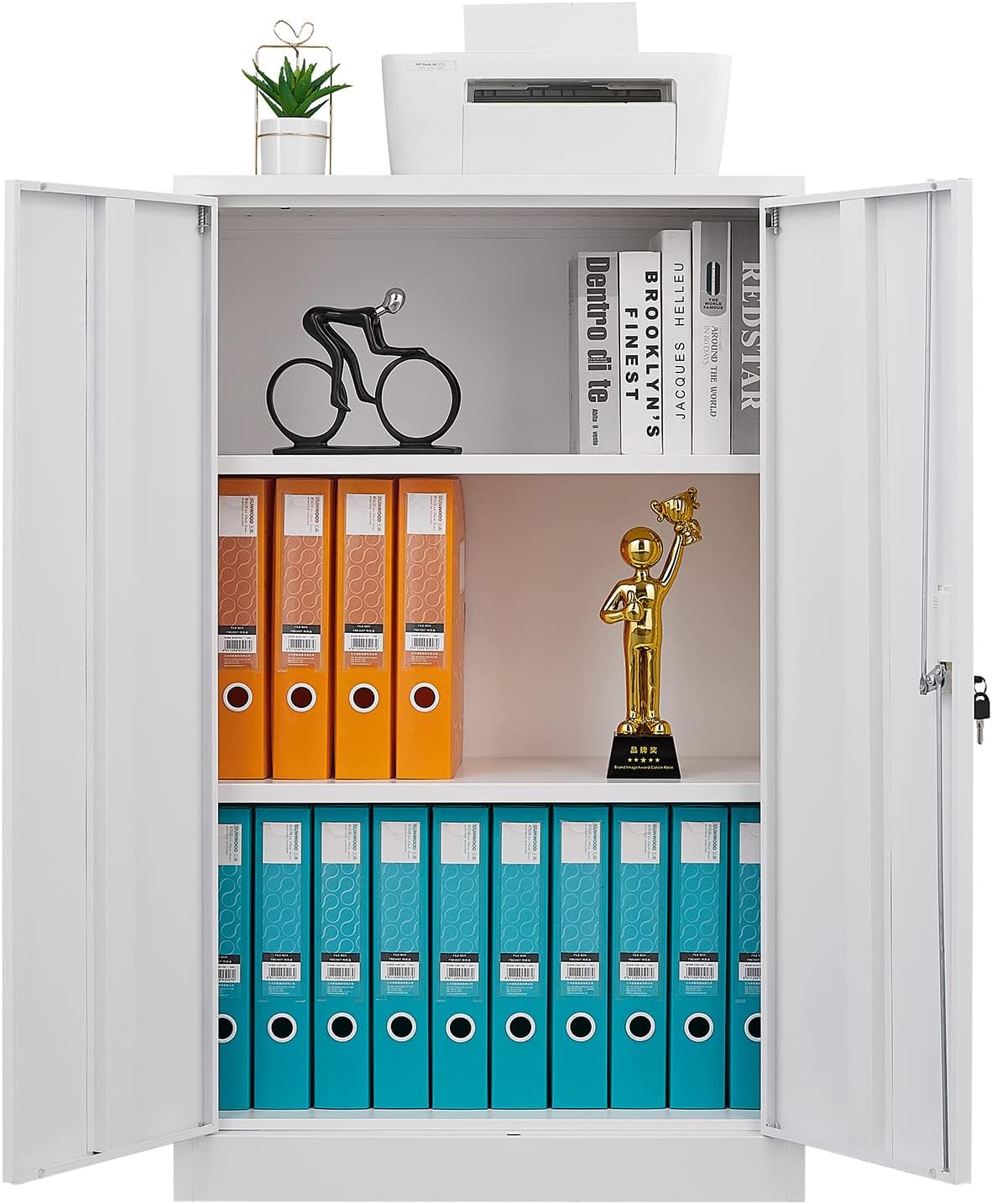 GREATMEET Armario de almacenamiento de metal con puertas de bloqueo, armario de almacenamiento plegable con 2 estantes ajustables, armario de