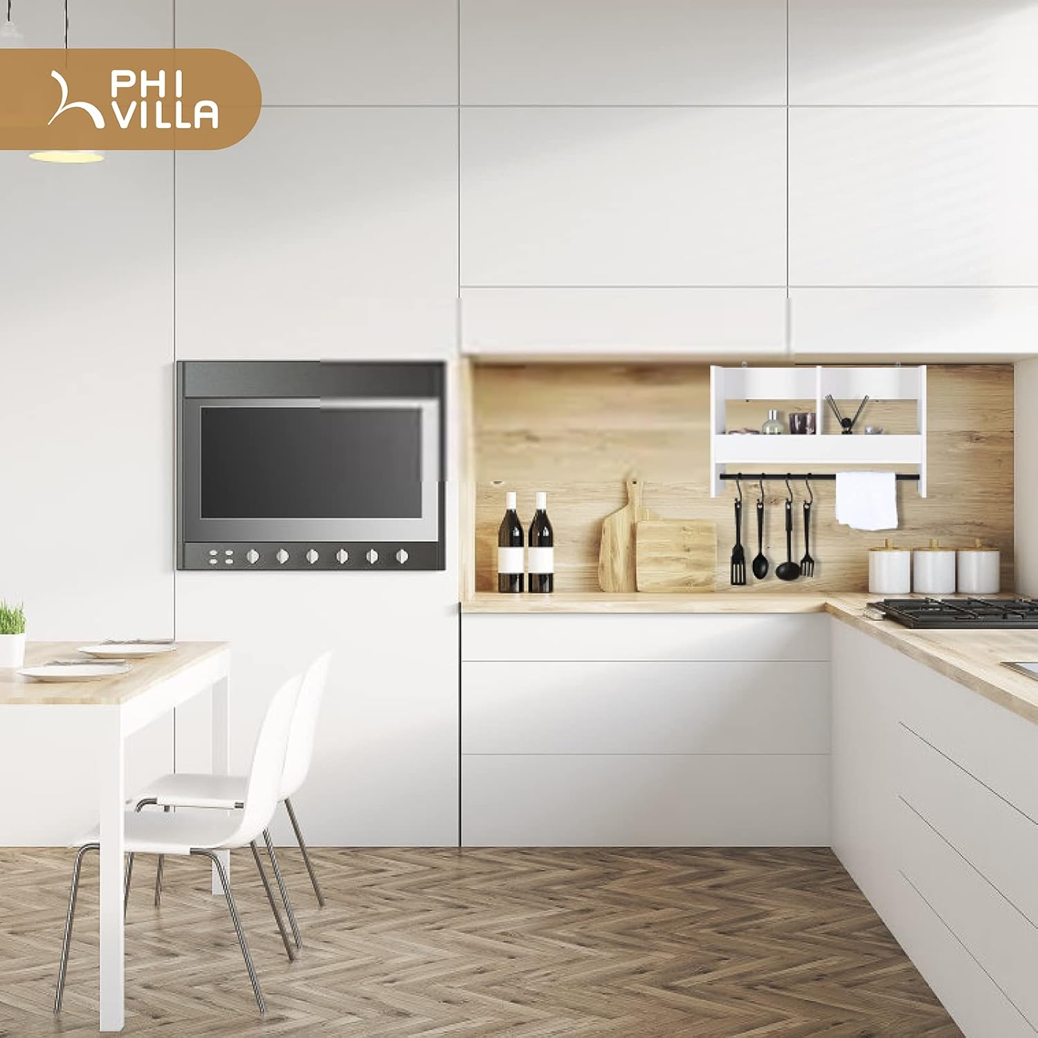 PHI VILLA Estante de ducha con ganchos, estante organizador de cocina montado en la pared, estante de almacenamiento, estantes flotantes de baño,