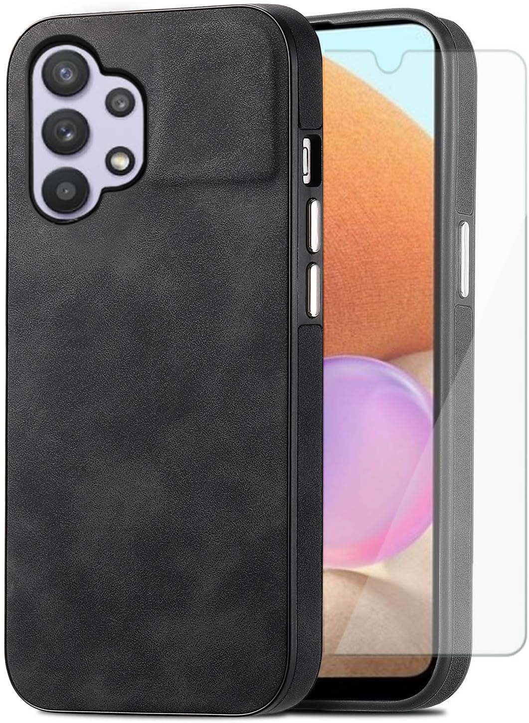 Asuwish Funda de teléfono para Samsung Galaxy A32 5G 2021 de 6.5 pulgadas con protector de pantalla de vidrio templado y funda de cuero fino y