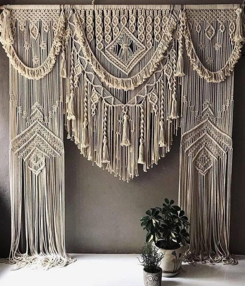 Cortina grande de macramé hecha a mano, decoración bohemia, arco de pared, telón de fondo para colgar en la pared de boda (ancho 85 x 85 pulgadas de