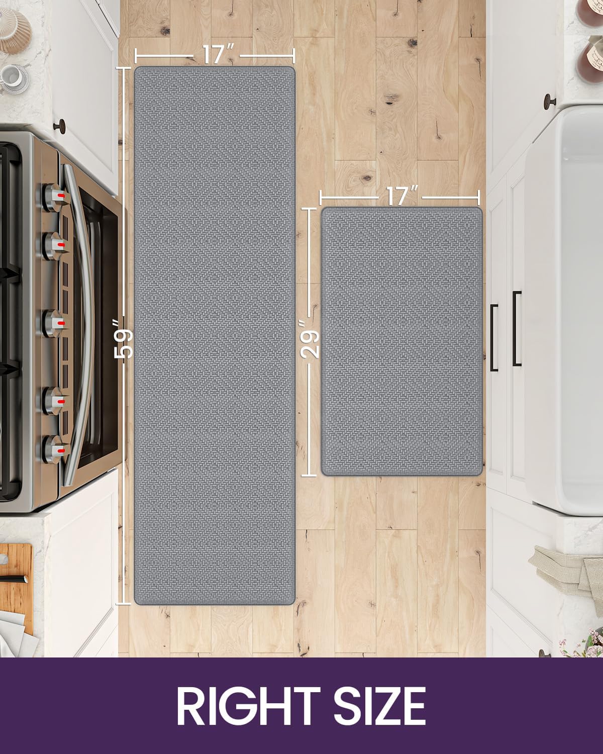 DEXI Tapete de cocina acolchado antifatiga, juego de 2 alfombras de cocina antideslizantes, impermeables, cómodas de pie, 17 x 29 + 17 x 59