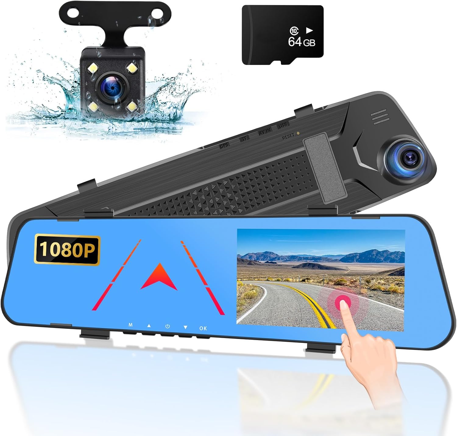 Cámara de espejo retrovisor de 4.5 pulgadas para automóvil con tarjeta TF de 64G, pantalla táctil IPS de 1080P, grabación de bucle, ángulo ancho de