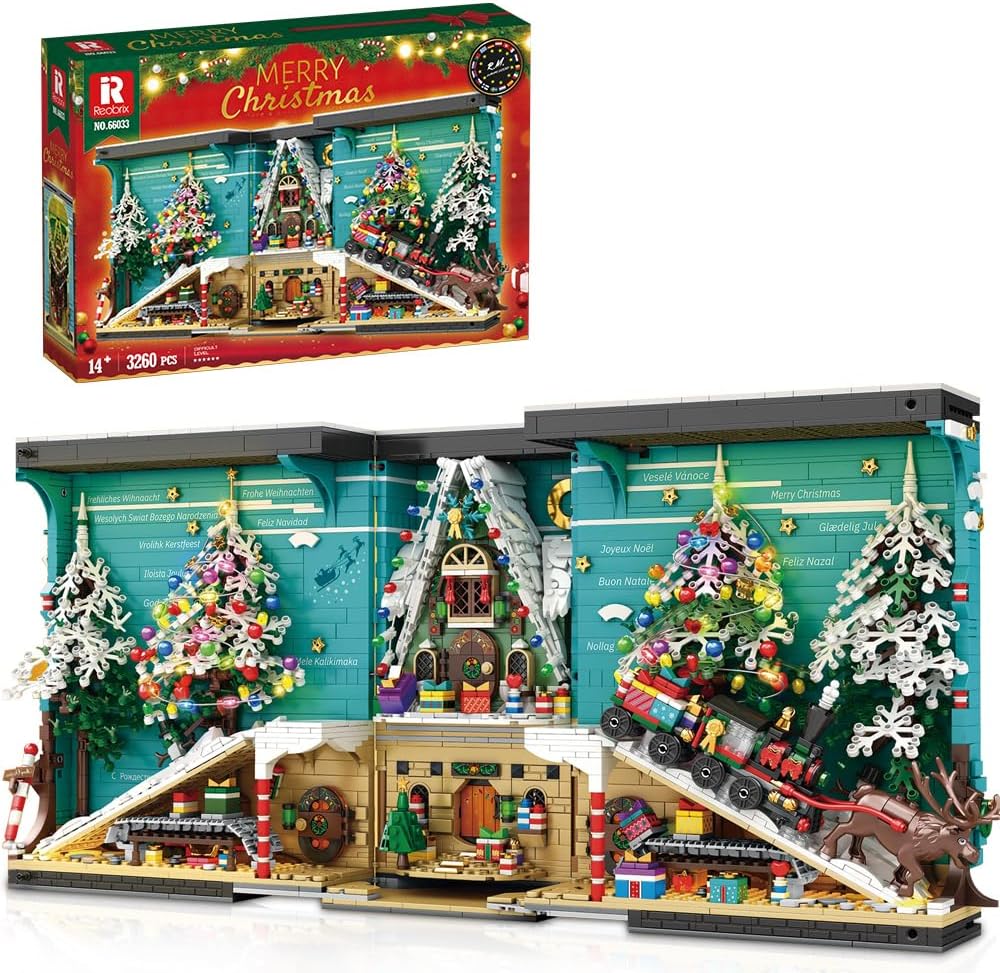 MISINI Bloques de construcción de tren de Navidad 3D 66033 2023, 3260 piezas, sujetalibros de árbol de Navidad, alce, libro de bloques con luz LED,