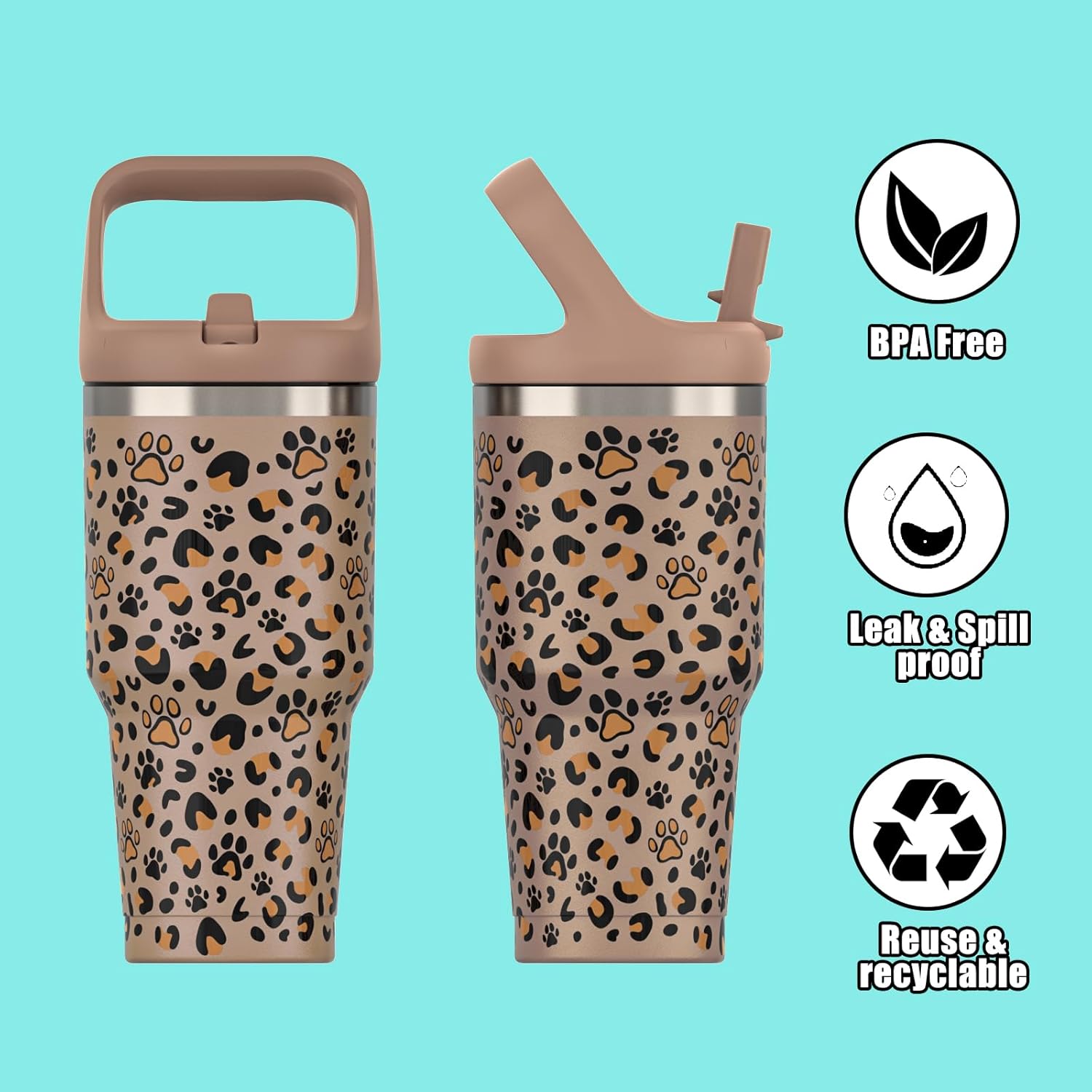 Vaso con asa y popote, a prueba de fugas, botella de agua aislada al vacío, para el hogar, al aire libre, taza de café de viaje de acero inoxidable
