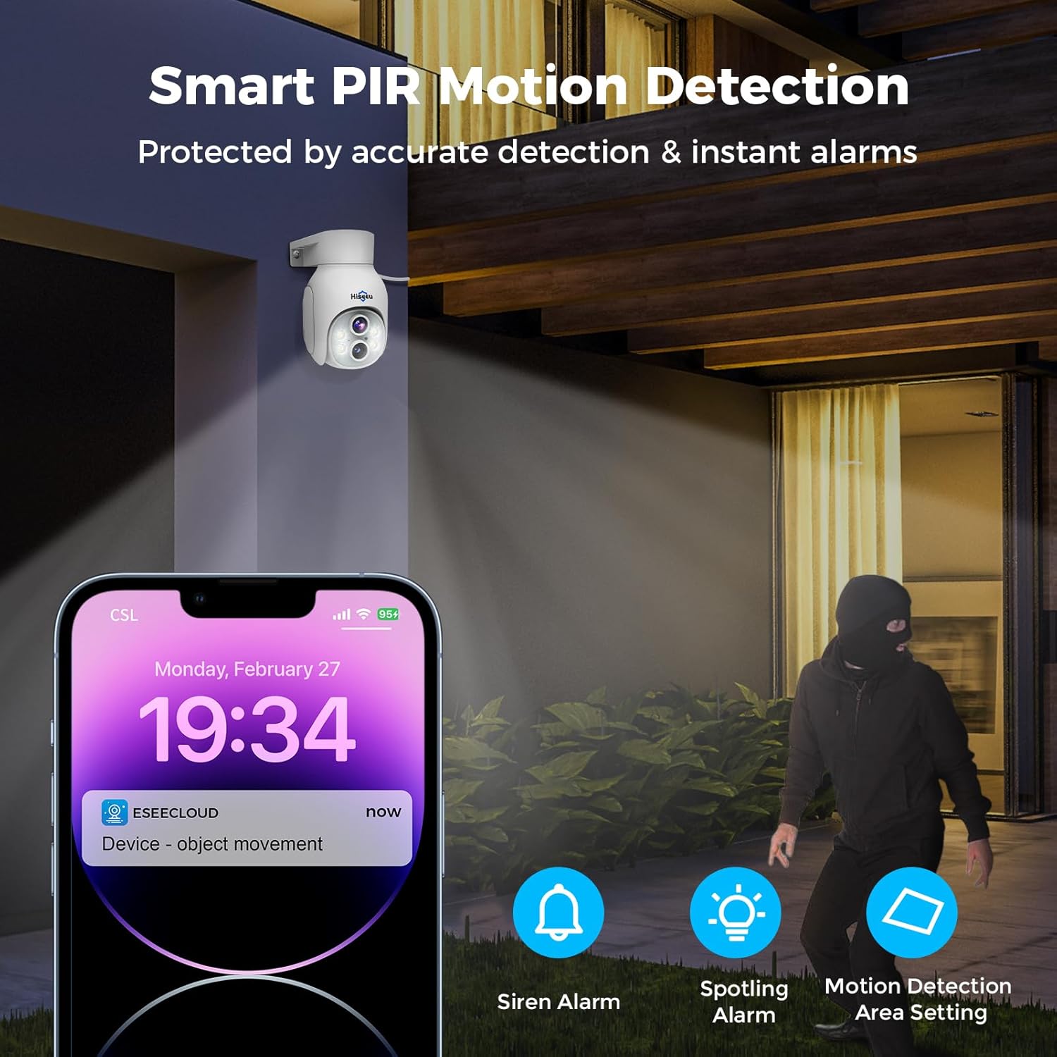 Hiseeu Cámara de seguridad de doble lente de 3MP inalámbrica WiFi 2.4GHz al aire libre, zoom panorámico e inclinación de 10X 360, visión nocturna a