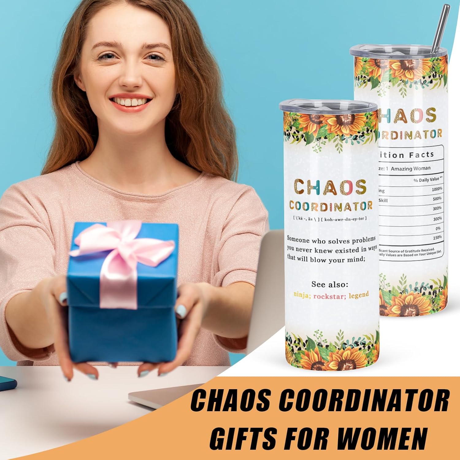 Paquete de 4 vasos de regalo de coordinador del caos, vaso delgado de 20 onzas, regalos de oficina para jefa, profesora, compañera de trabajo,