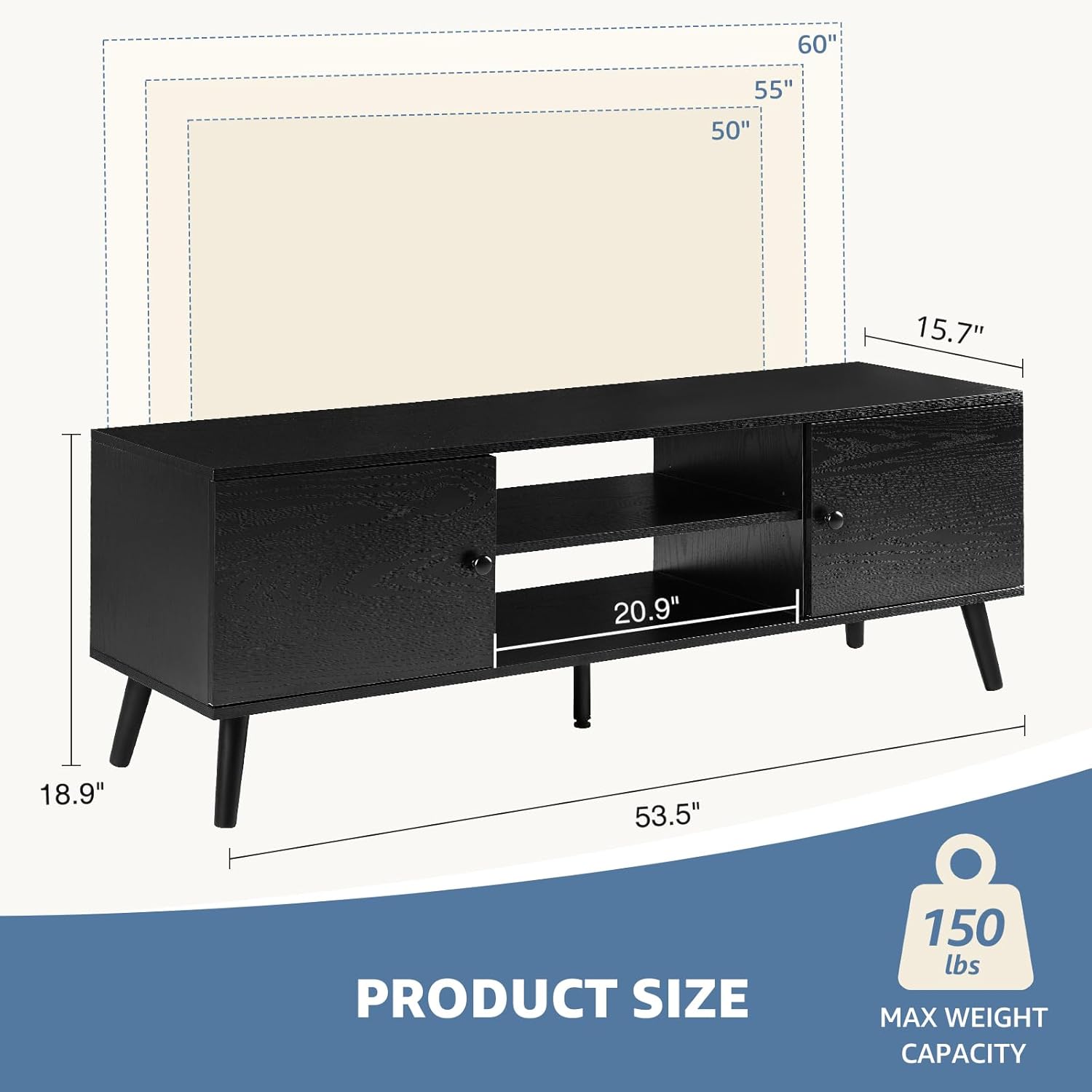 DUMOS Soporte de TV para TV de 55 y 60 pulgadas, centro de entretenimiento con gabinete de almacenamiento, mesa consola multimedia moderna de