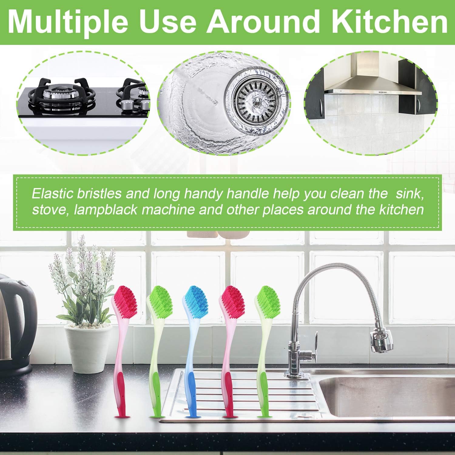 5 cepillos largos para platos con asa, cepillo para lavar platos de colores surtidos con ventosa, herramienta de limpieza multiusos para cocina,