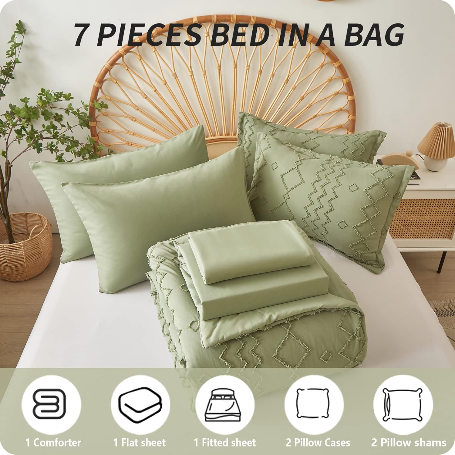 Juego de edredón verde copetudo en una bolsa, tamaño King con sábanas, juego de ropa de cama suave y ligero bordado geométrico de 7 piezas,