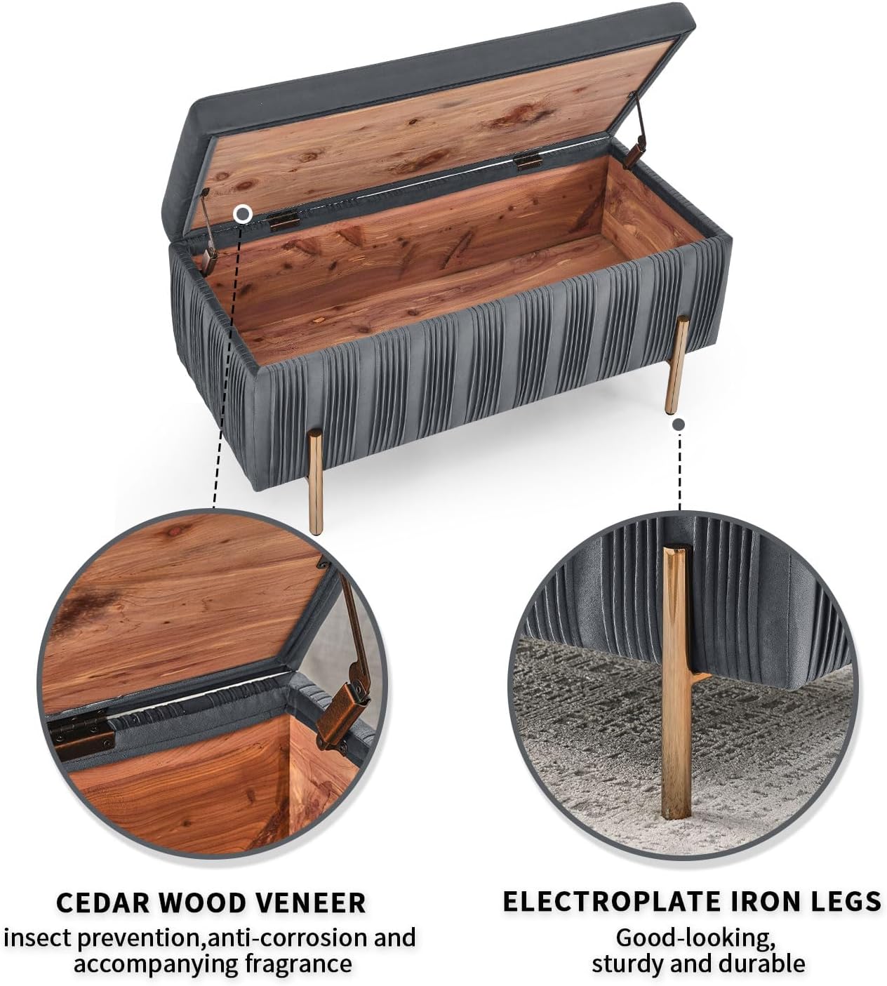 Banco de almacenamiento de terciopelo, moderno banco tapizado para interiores con patas de metal, banco otomano para sala de estar, dormitorio,