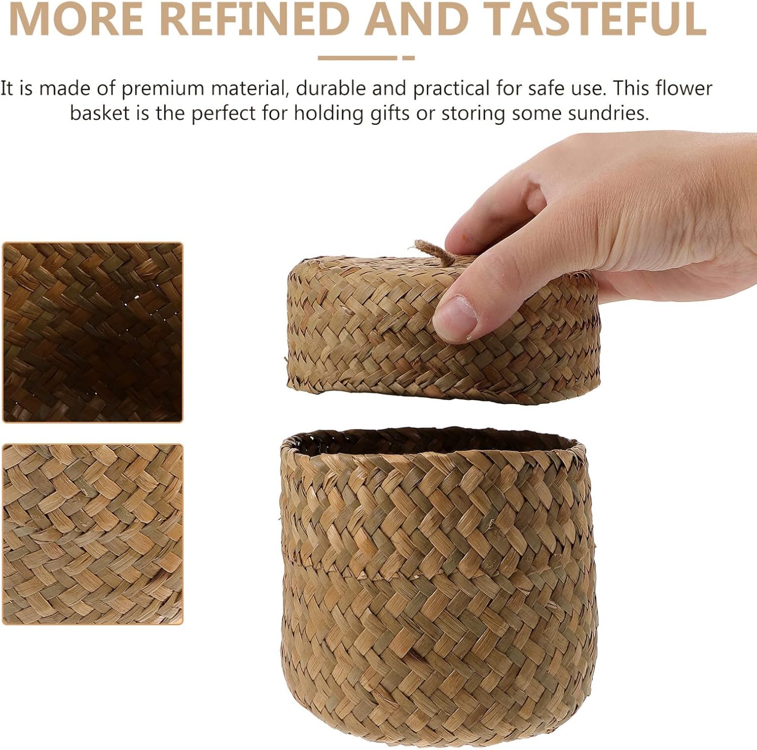 Zerodeko Cesta de pastos marinos con tapa, cesta de flores tejida a mano con tapa, cesta de mimbre para estantes, caja de almacenamiento pequeña,