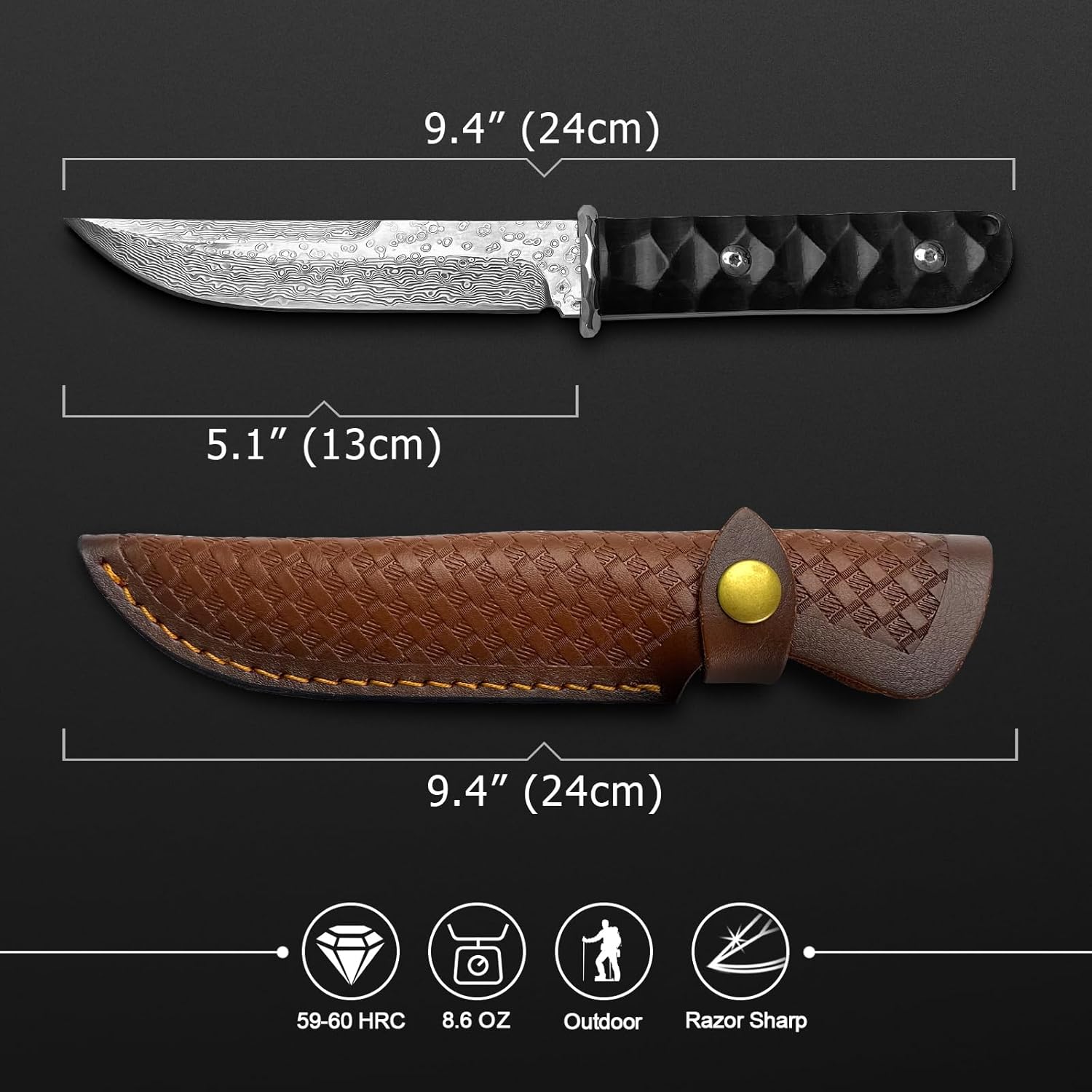 MADSABRE Cuchillo de supervivencia de Damasco de hoja fija de 9.4 pulgadas, cuchillo de supervivencia de Damasco VG10 Core Damasco japonés con funda
