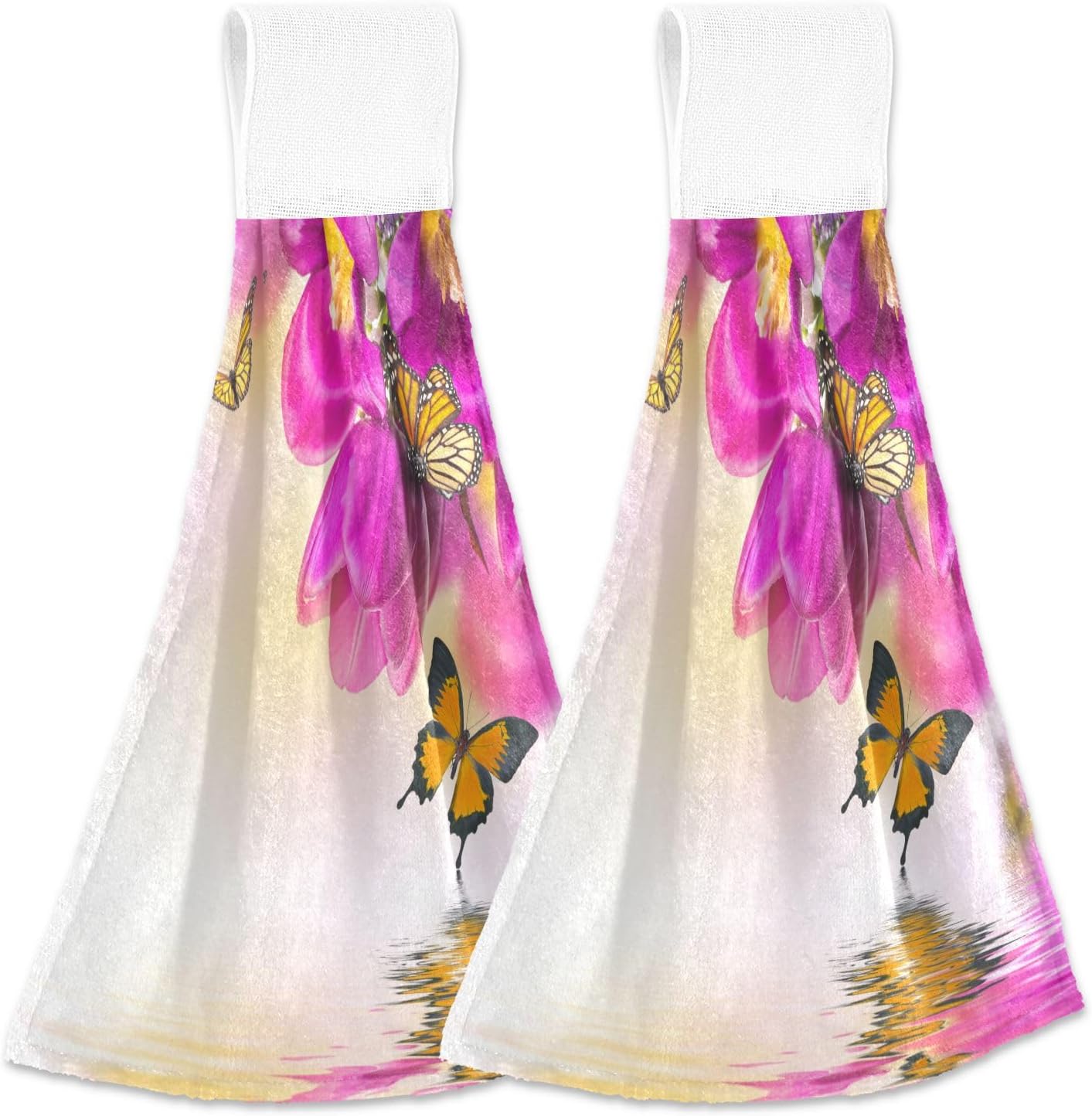 ALAZA Juego de 2 toallas de cocina colgantes con diseño de mariposas rosadas, juego de 2 toallas de mano suaves y absorbentes, paños de cocina,