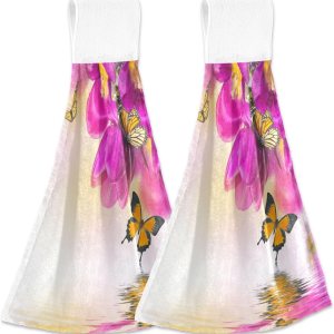 ALAZA Juego de 2 toallas de cocina colgantes con diseño de mariposas rosadas, juego de 2 toallas de mano suaves y absorbentes, paños de cocina, ALAZA Juego de 2 toallas de cocina colgantes con diseño de mariposas rosadas, juego de 2 toallas de mano suaves y absorbentes, paños de cocina,