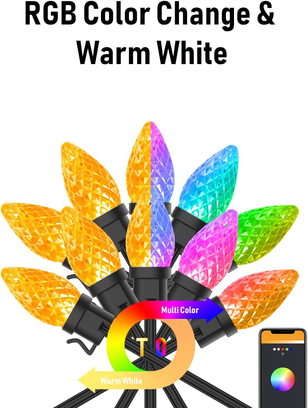 Luces de Navidad C9, pantalla personalizada, 32.8 pies, 50 LED, controlada por aplicación, cambio de color, control de grupo, luces al aire libre,