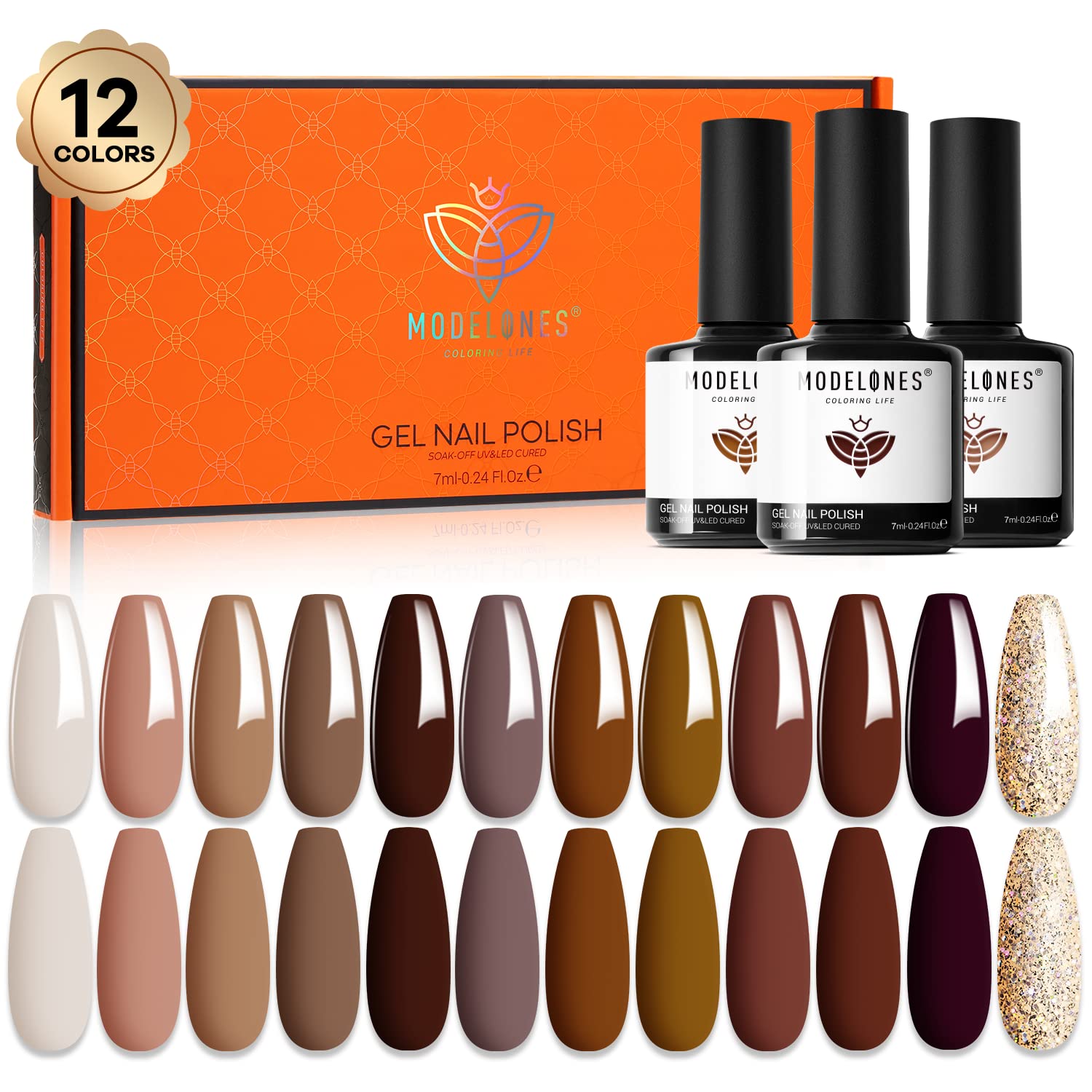 Modelones – Juego de esmaltes para uñas en gel para hacer arte en uñas kit otoñal e invernal de esmaltes en gel en color marrón nude, 12 unidades de