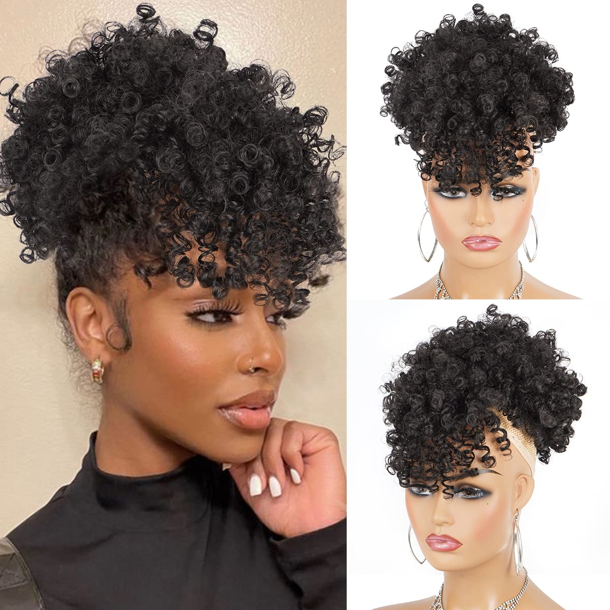 Cetiq Cola de caballo afro con cordón y flequillo, cola de caballo con cordón para mujer, extensiones de cabello rizado rizado con clip, extensiones