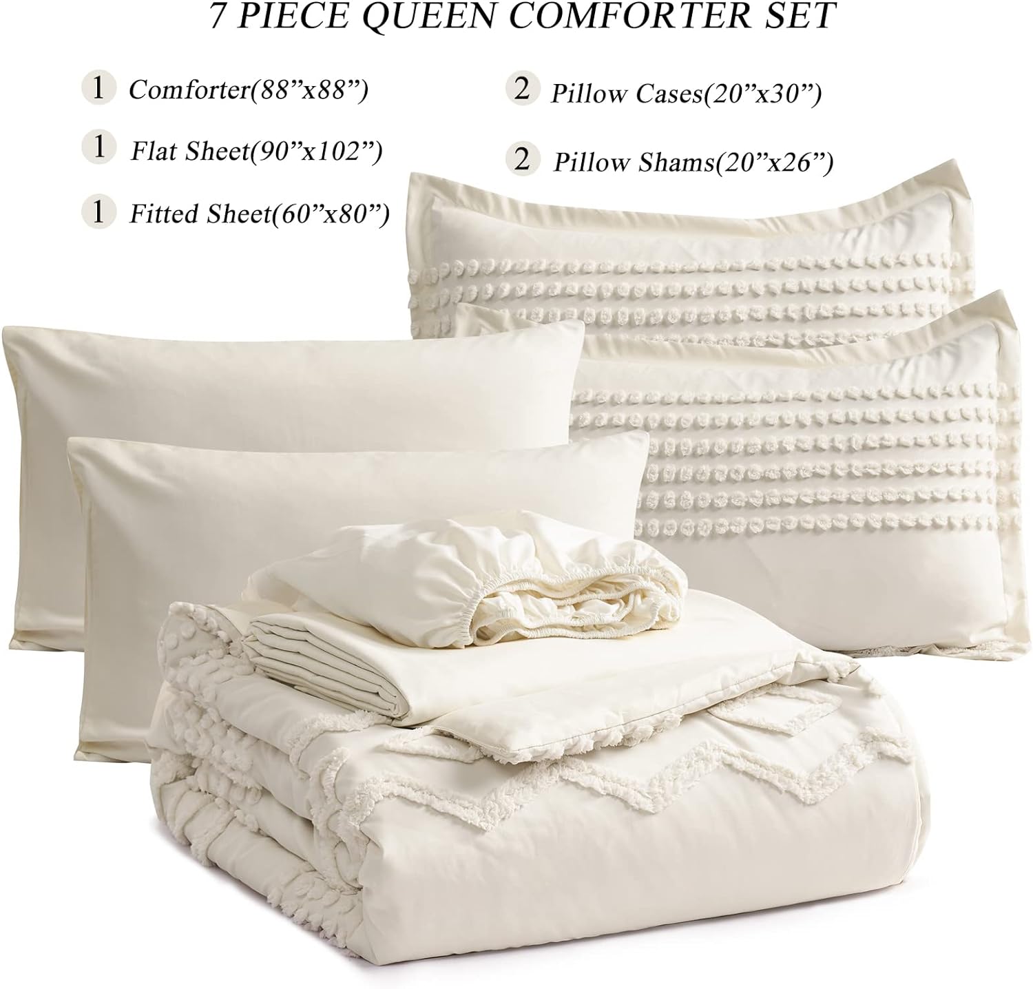 KAKIJUMN Juego de edredón blanco copetudo tamaño Queen de 7 piezas en una bolsa, juego de edredón y sábanas estilo bohemio Shabby Chic para todas
