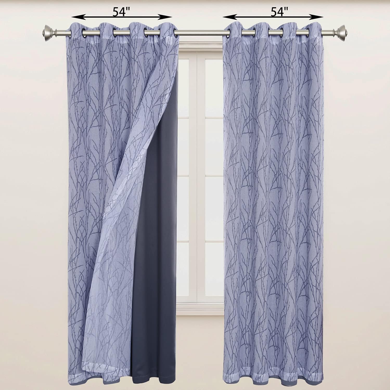 BONZER – Cortinas para combinar – 2 cortinas transparentes con impresión de rama y 2 cortinas opacas para dormitorio, sala de estar, ventana, 54×84
