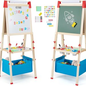 HONEY JOY Caballete para niños, caballete de madera ajustable de doble cara con pizarra magnética y pizarra blanca, rollo de papel, más de 60 HONEY JOY Caballete para niños, caballete de madera ajustable de doble cara con pizarra magnética y pizarra blanca, rollo de papel, más de 60