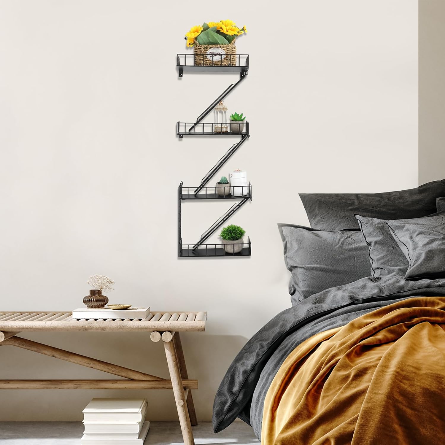 Zonon Estante de escape de incendios, estantes colgantes de pared, decoración de escalera de metal, estantería genial, organizador de pared,