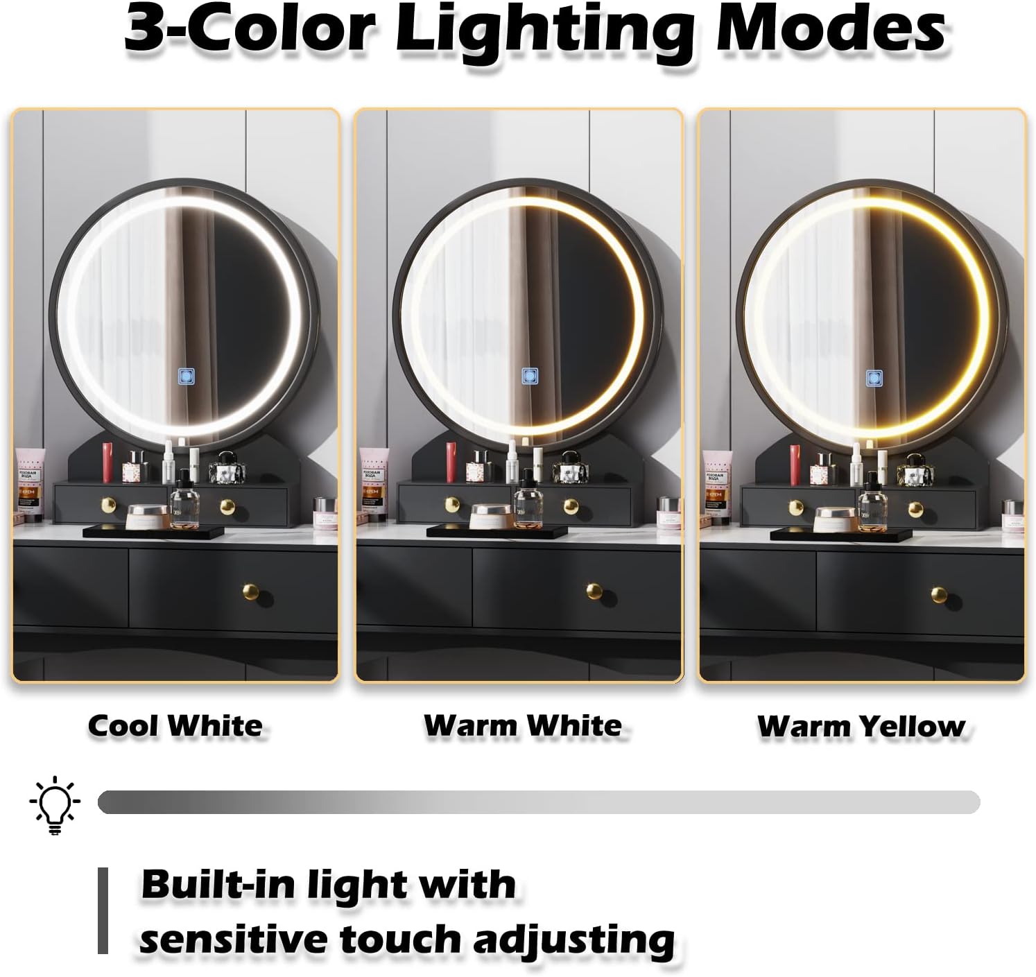 Furmax Juego de tocador de tocador de maquillaje con espejo iluminado con escritorio moderno, taburete acolchado suave, 4 cajones de almacenamiento,