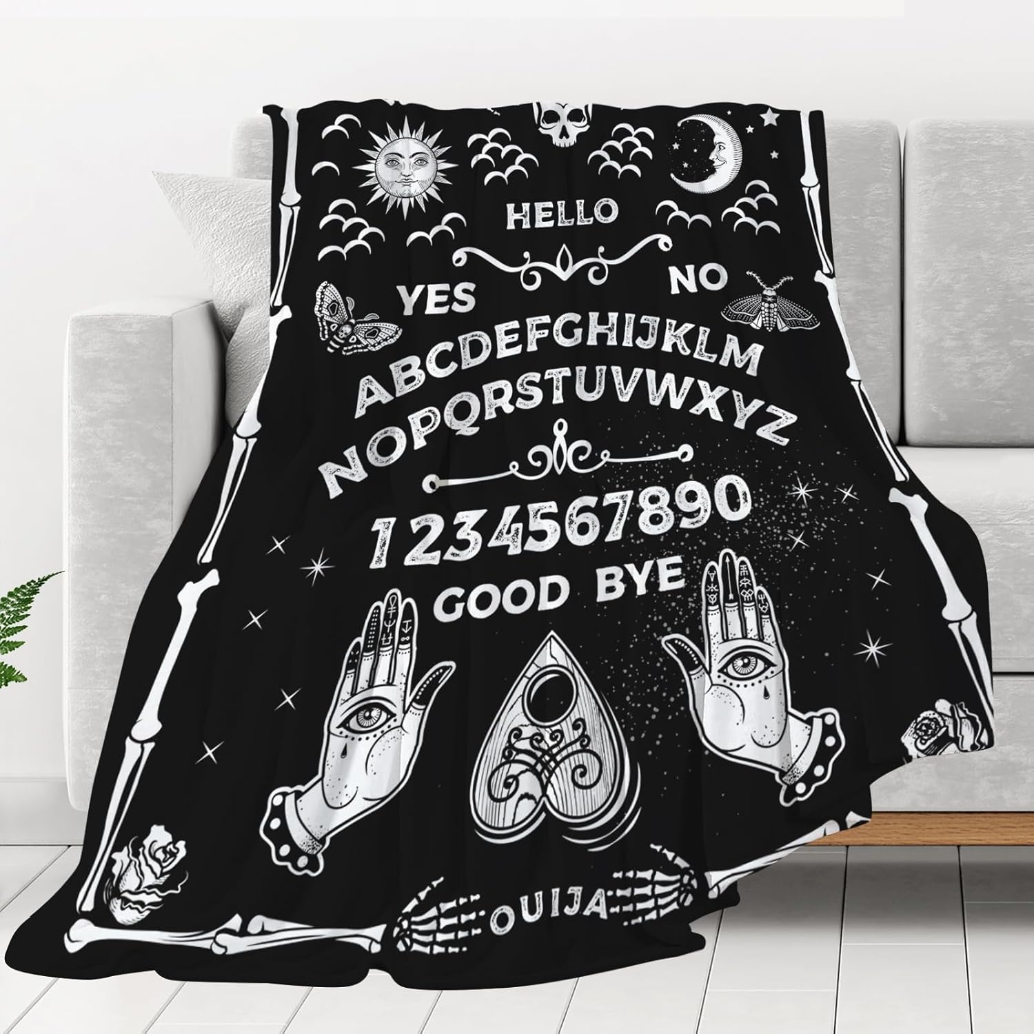 Manta gótica Ouija divertida de terror con diseño de calavera, sol, luna, bruja, negra, para adultos y niños, ropa de cama gótica de Halloween,