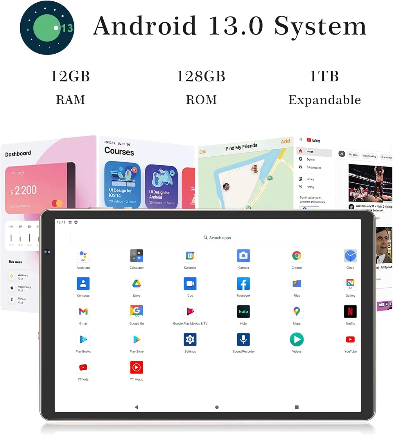 SEBBE Tablet PC Android 13 de 10 pulgadas 12 GB de RAM + 128 GB ROM TF 1 TB Octa-Core 2.0 GHz, Google GMS  Bluetooth 5.0  5G WiFi  6000mAh  1280 *