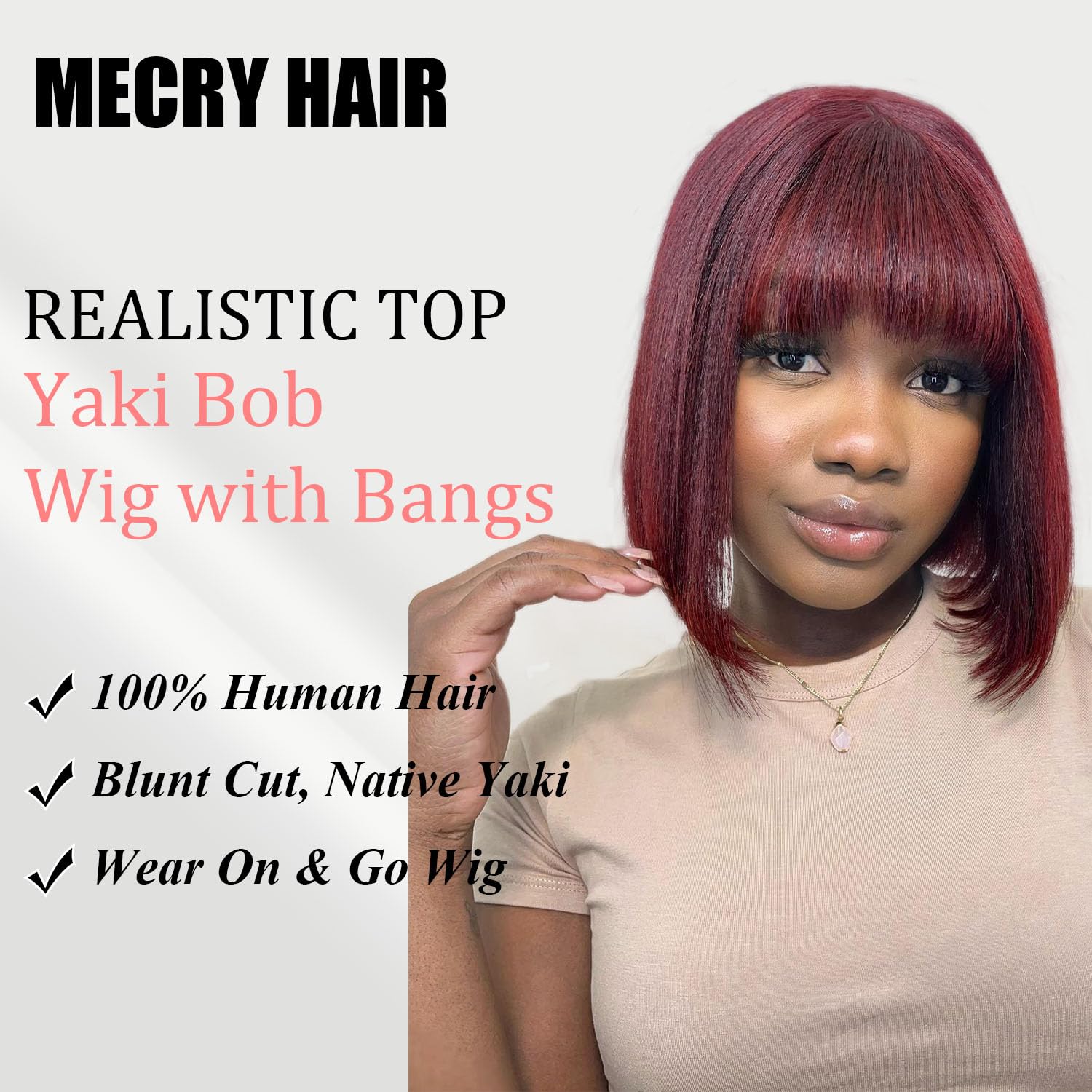 Mecry Yaki – Peluca de cabello humano lacio con flequillo, color borgoña #99J, densidad del 180%, sin pegamento, con flequillo, para mujeres, hecha