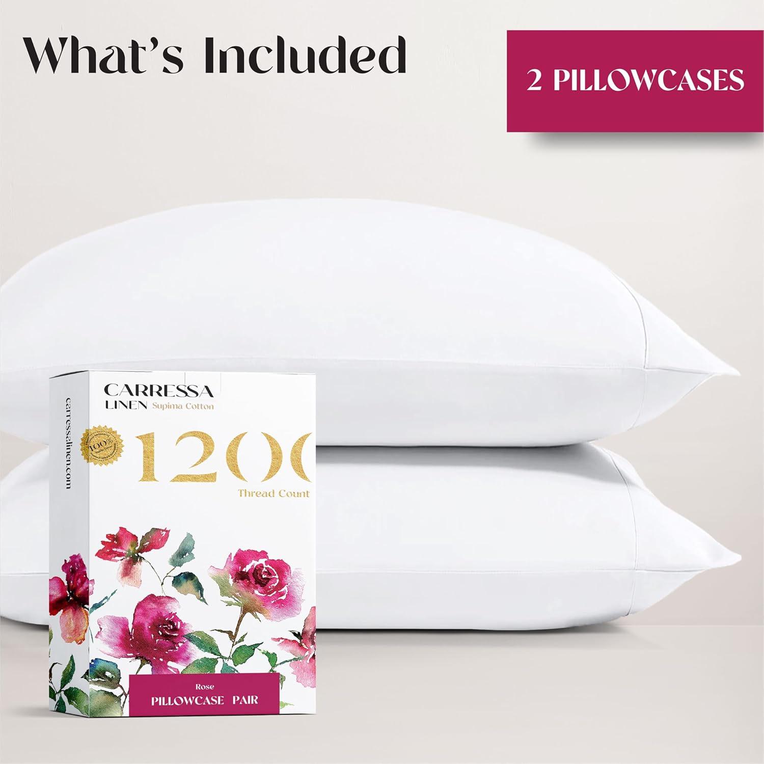 Carressa Linen Juego de 2 fundas de almohada de lujo de 100 % algodón Supima de 1200 hilos, tamaño estándarQueen, color blanco, tejido de satén