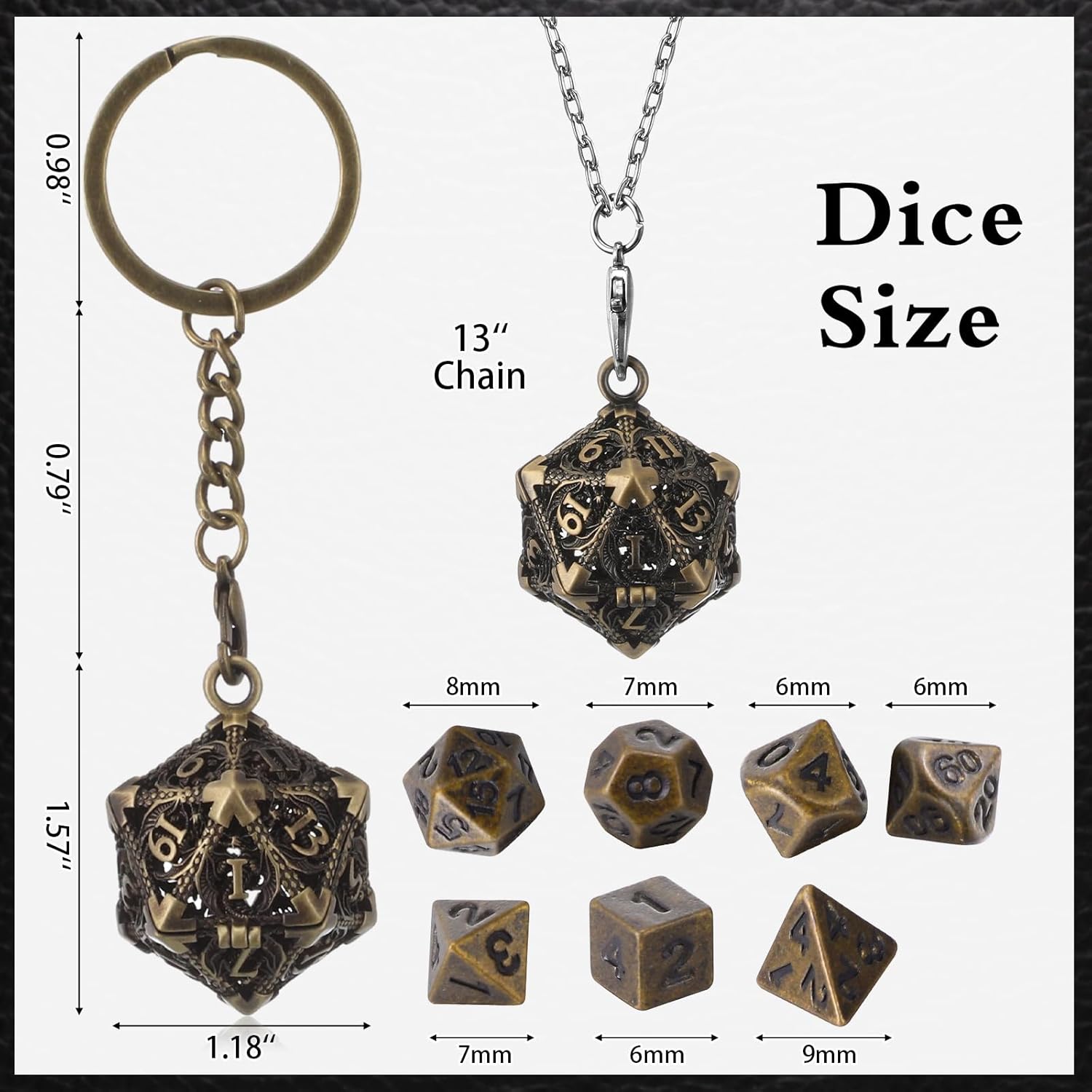 Syhood Juego de dados pequeños, 7 piezas de dados pequeños de metal hueco D20, collar D20, llavero, juegos de mesa para juegos de rol, regalo