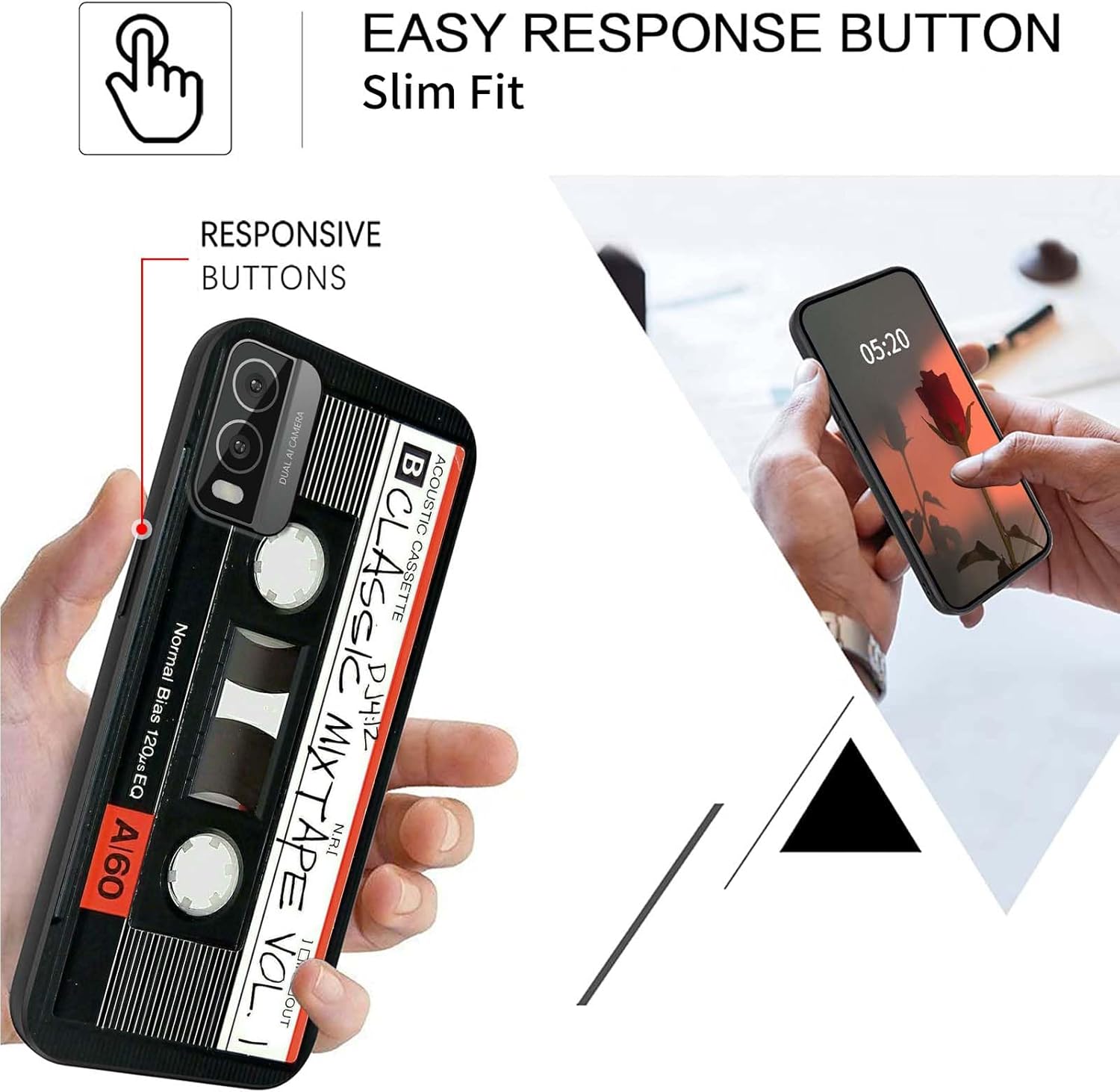 Funda de teléfono para Nokia C210 para Nokia C210 2023 Cassette de audio retro, patrón elegante para mujer, diseño delgado y suave de goma de