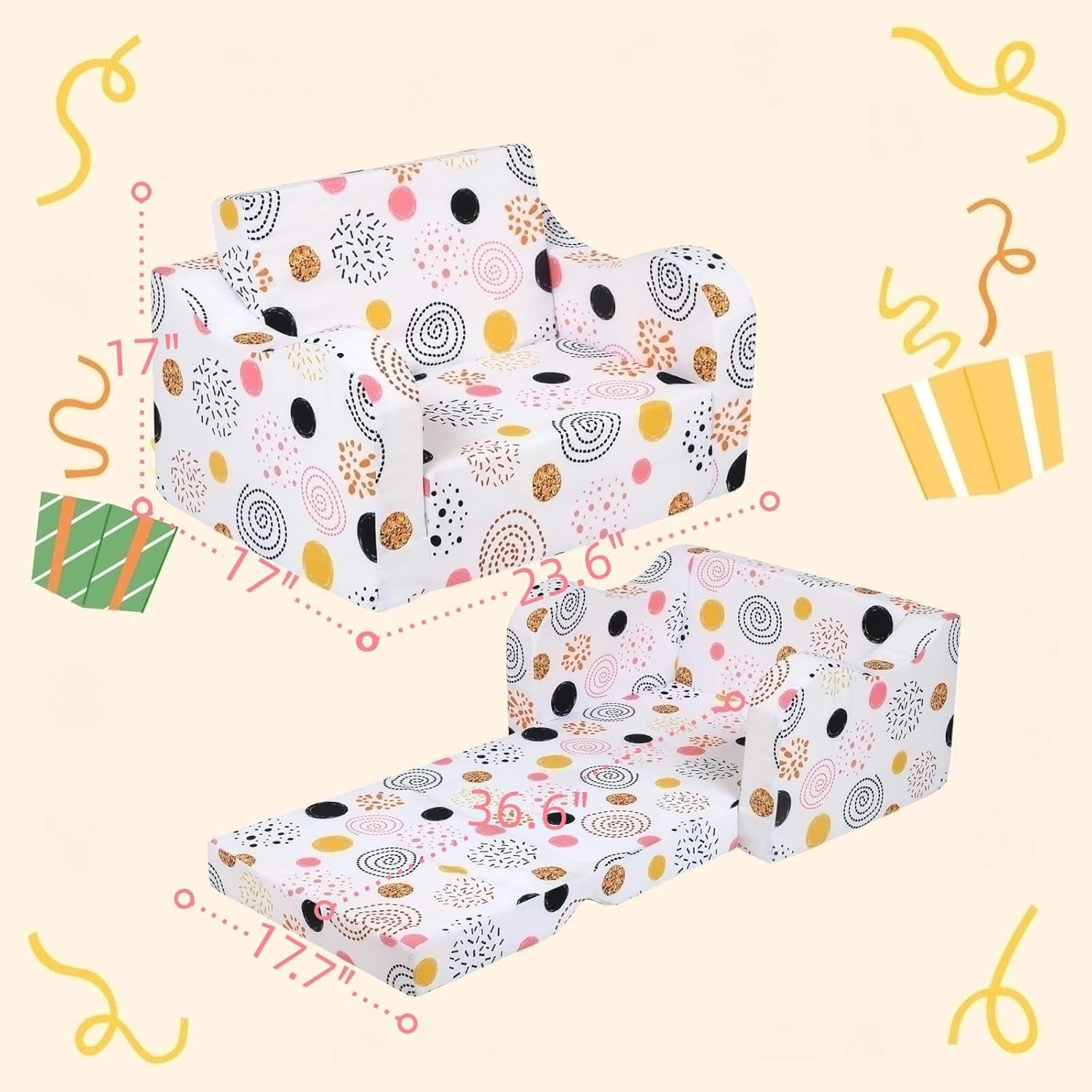 Sofá infantil de fuegos artificiales, sofá plegable 2 en 1, sofá convertible a cama para niñas y niños