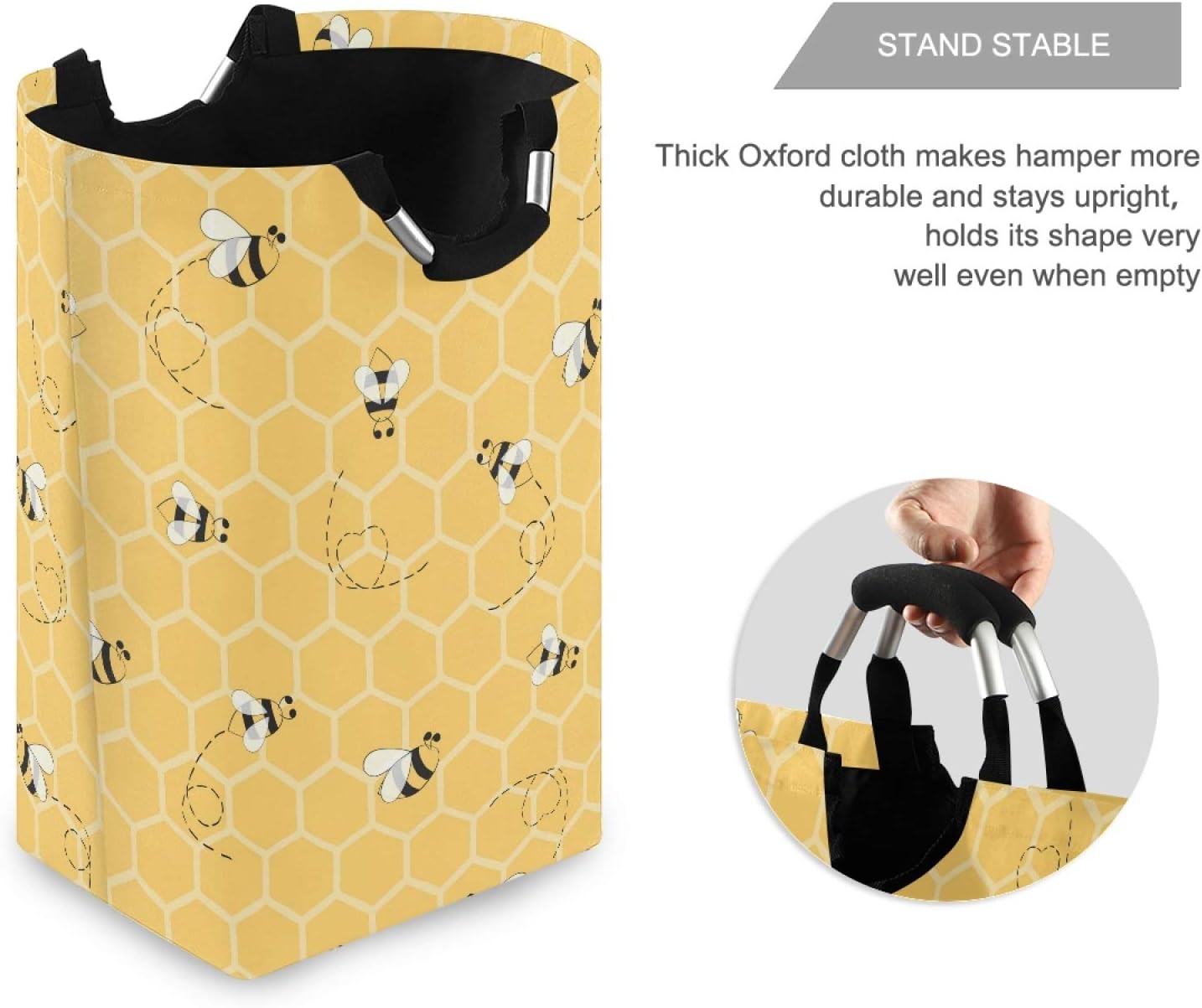 AUUXVA Cesta de lavandería amarilla con diseño geométrico de panal de abeja y colmena, cesta de almacenamiento grande plegable con asas para baño,