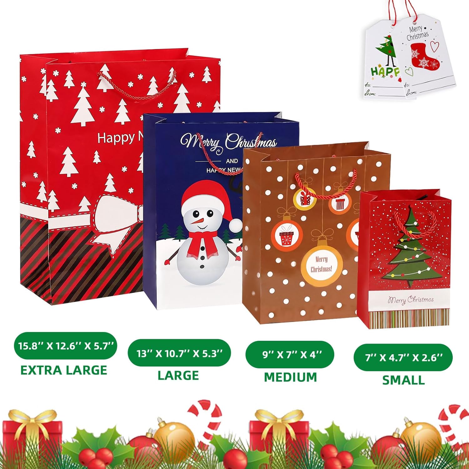 BEISHIDA 24 bolsas de regalo de Navidad de varios tamaños con asas y etiquetas, bolsas de Navidad a granel 6 extra grandes de 16 pulgadas, 6 grandes