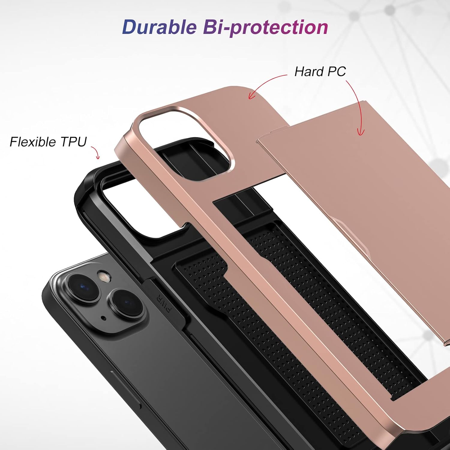 Funda protectora resistente compatible con iPhone 15 con tarjetero (2 unidades), protector de pantalla a prueba de golpes, cartera oculta para