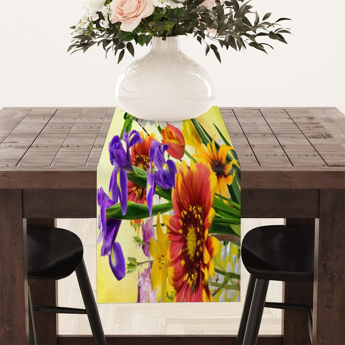Table Runner Summer Floral Flowers Bouquet, Rustic Linen Table Cloth for Farmhouse Kitchen, Dinner, Events, Party, Holiday Table Decor 13 x 36 Inches