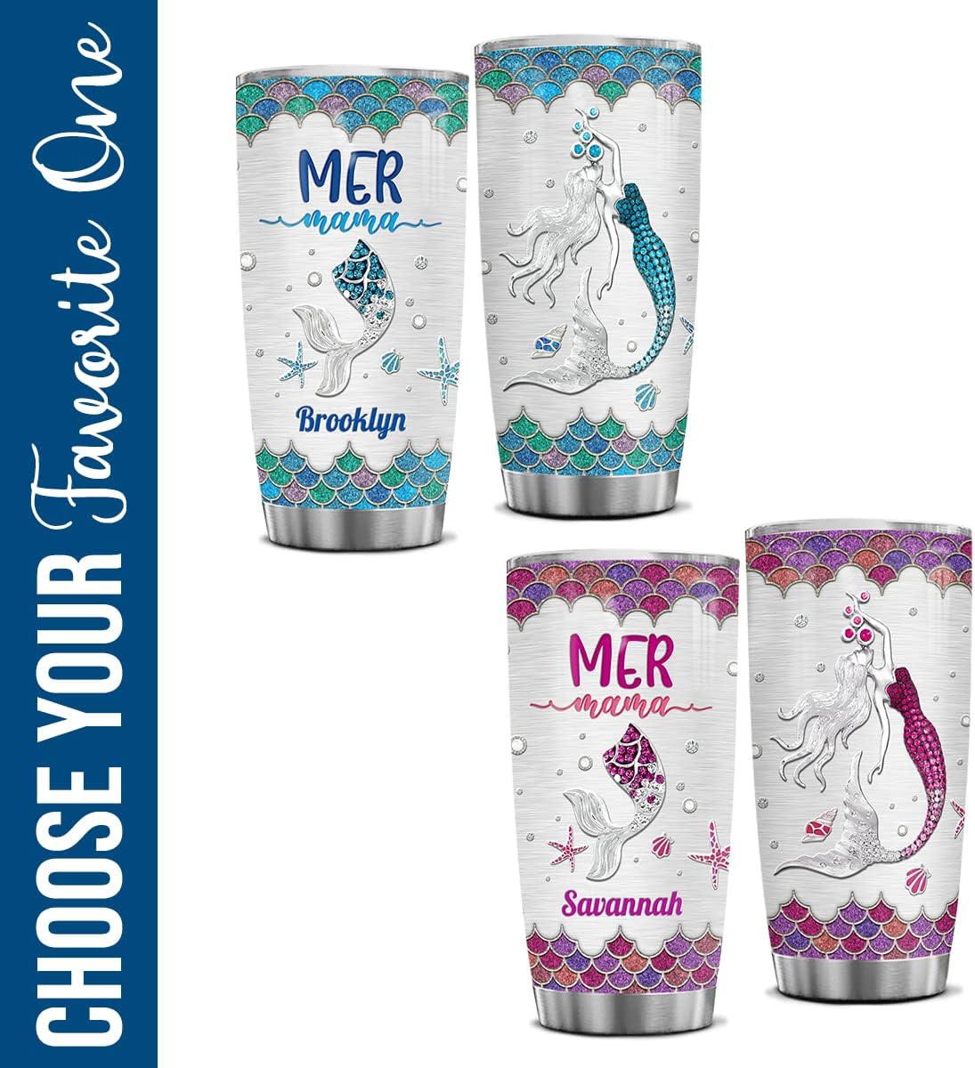 wowcugi Vaso de regalo para mamá de hija e hijo personalizado Mer Mama Taza de sirena con aislamiento térmico de 20 oz 30 oz con tapa, taza de viaje
