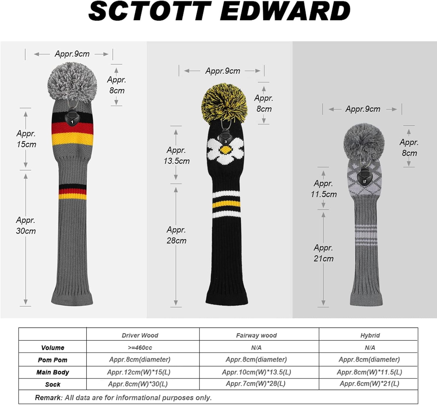 Scott Edward Juego de 3 fundas de cabeza de golf de punto para maderas se adapta bien al conductor (460 cc) madera de pasillo e híbrido (UT), el