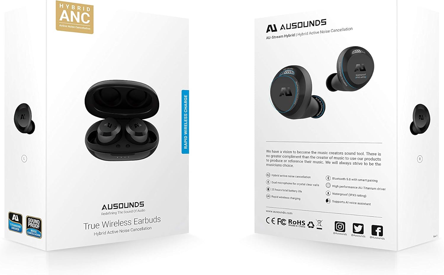 ausounds AU-Stream – Auriculares híbridos Bluetooth con cancelación activa de ruido híbridos con controles táctiles, funda de carga inalámbrica y